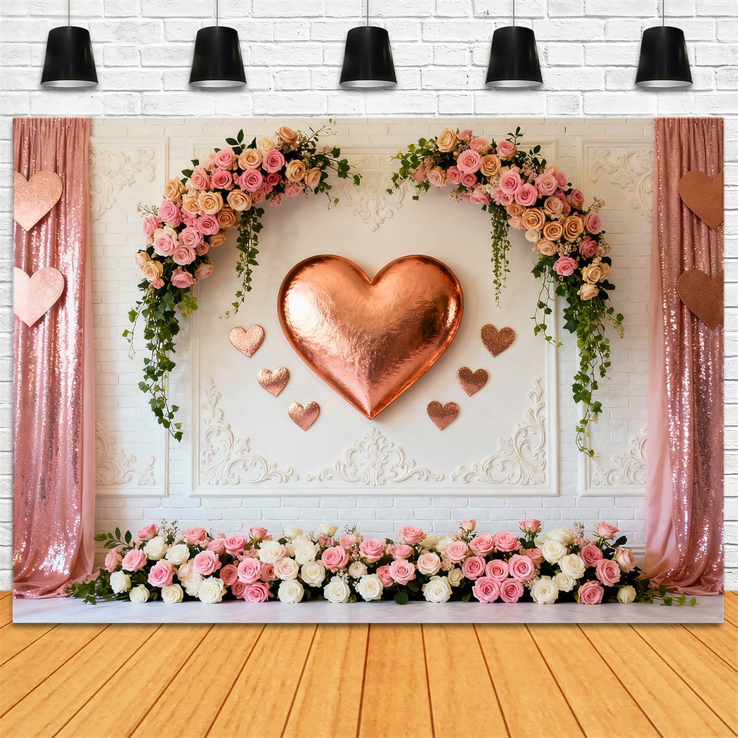 Pink Heart Backdrop Rose Gold Heart Flower Wall Valentine's Day Backdrop LXX512-147