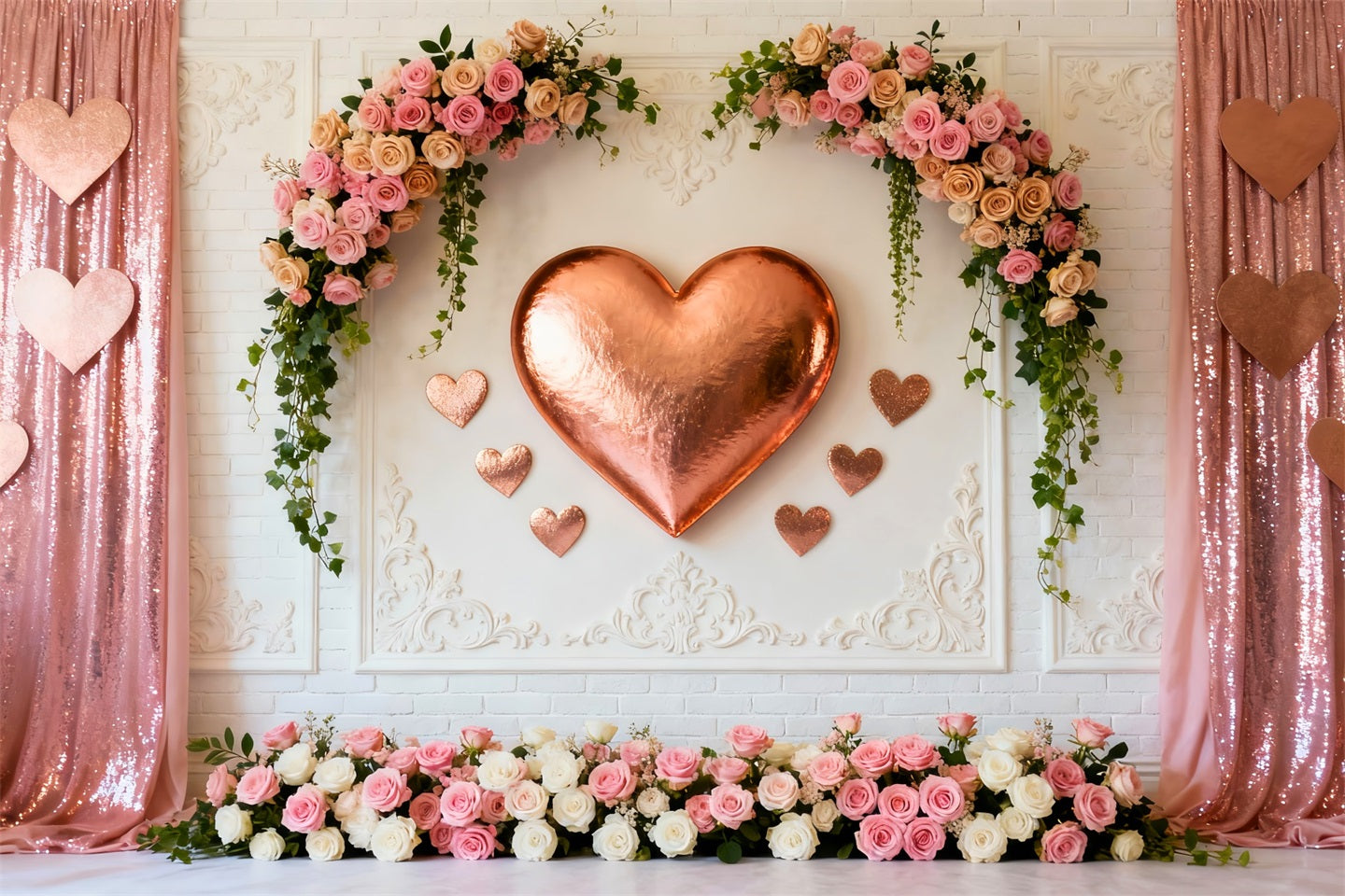 Pink Heart Backdrop Rose Gold Heart Flower Wall Valentine's Day Backdrop LXX512-147