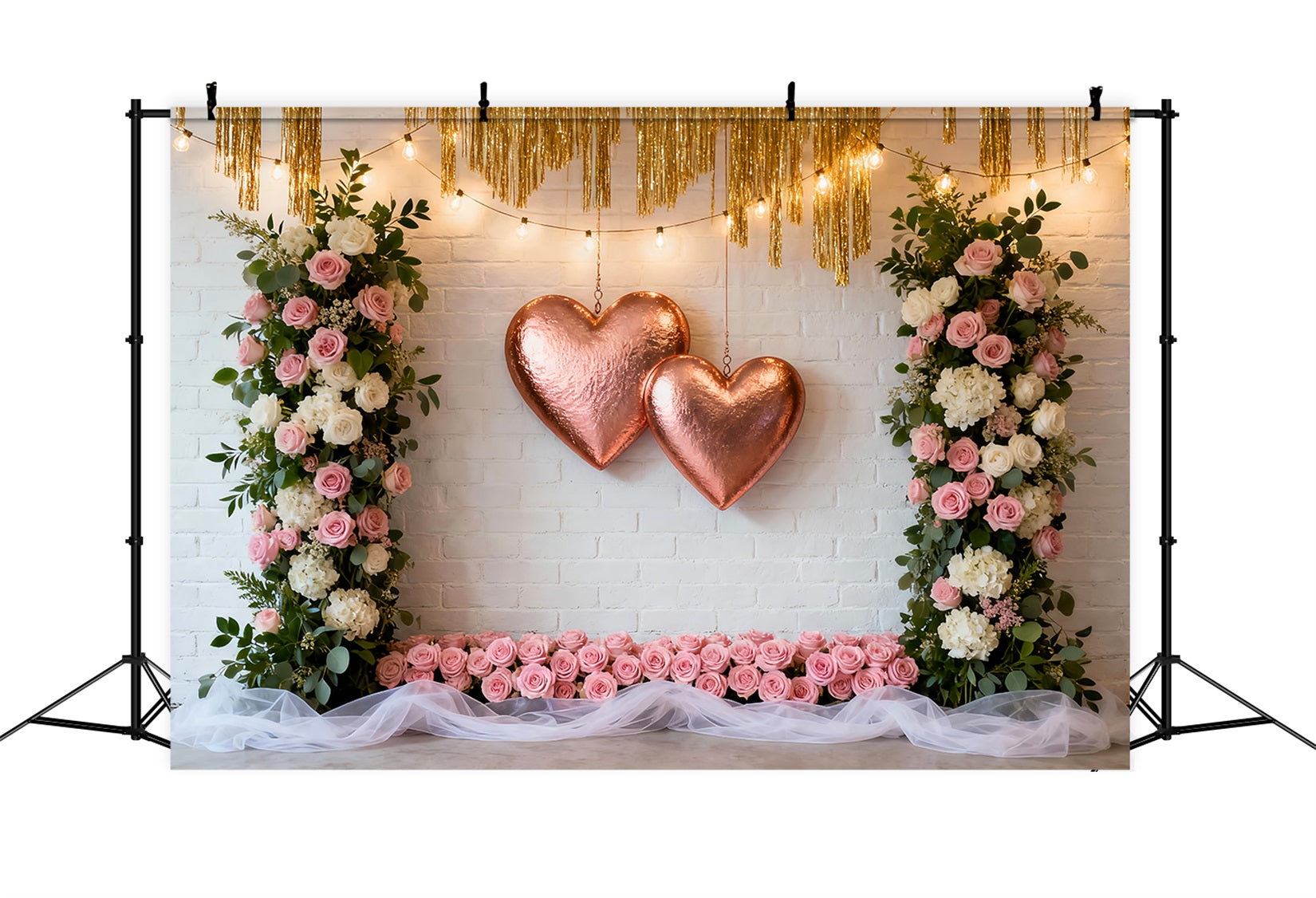 Wreath Valentine Backdrop Blush Rose Twin Heart Frame Romantic Backdrop LXX512-149