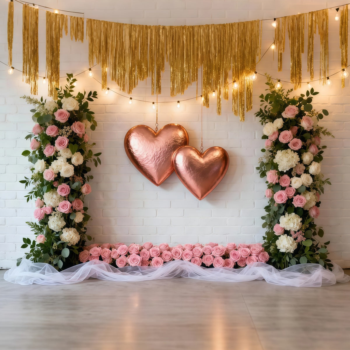 Wreath Valentine Backdrop Blush Rose Twin Heart Frame Romantic Backdrop LXX512-149