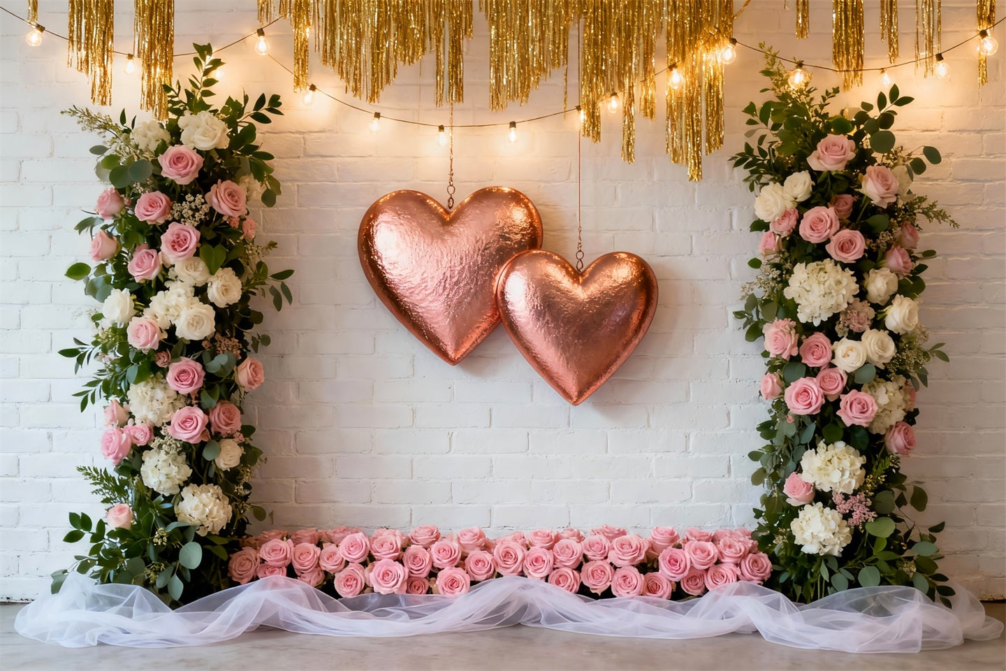 Wreath Valentine Backdrop Blush Rose Twin Heart Frame Romantic Backdrop LXX512-149