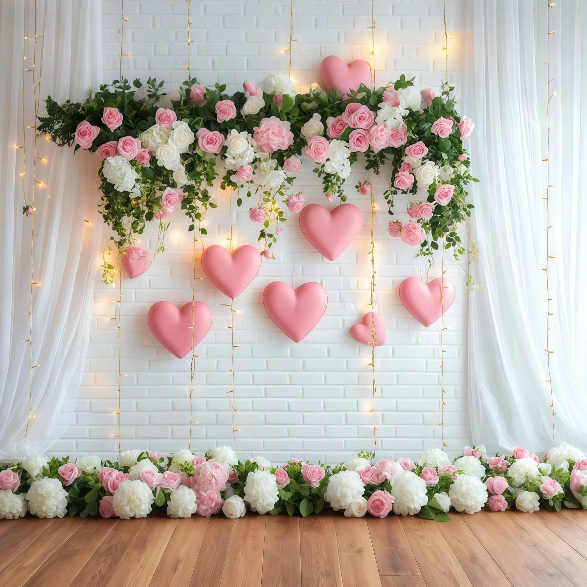 Romantic Backdrop Flower Heart Hanging Lights Wreath Valentine Backdrop LXX512-150