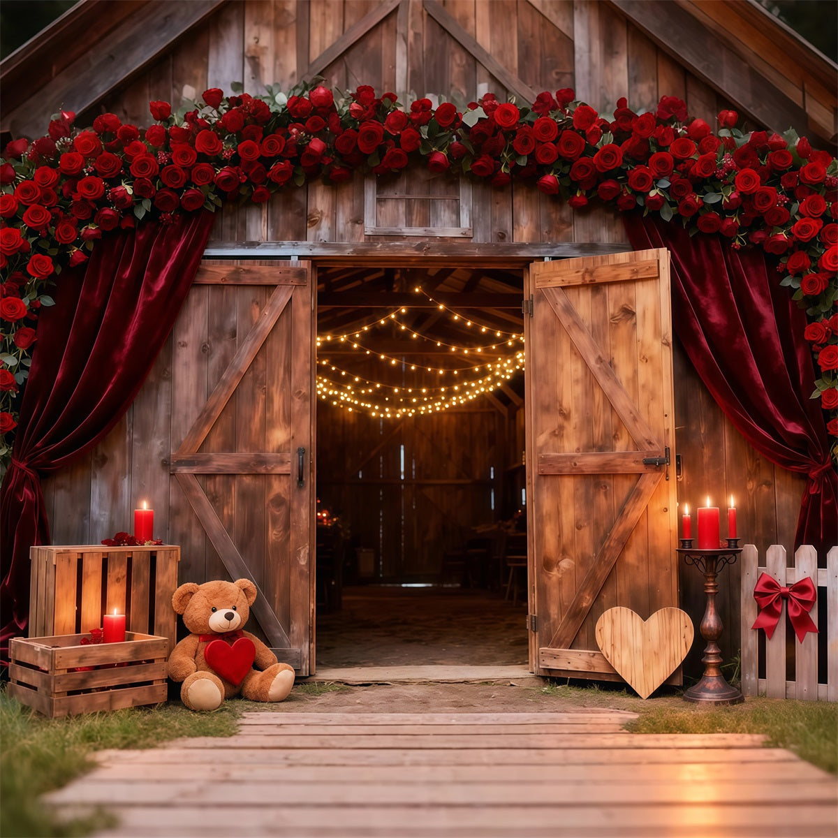 Floral Arch Valentine Backdrop Rustic Rose Barn Doors Glow Love Backdrops LXX512-154