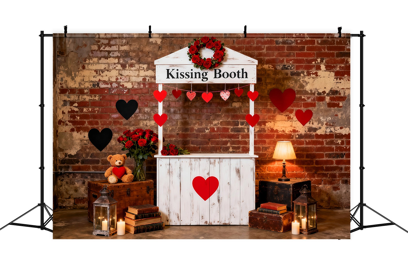 Heart Garland Backdrop Kissing Booth Brick Charm Valentine Photo Backdrop LXX512-156