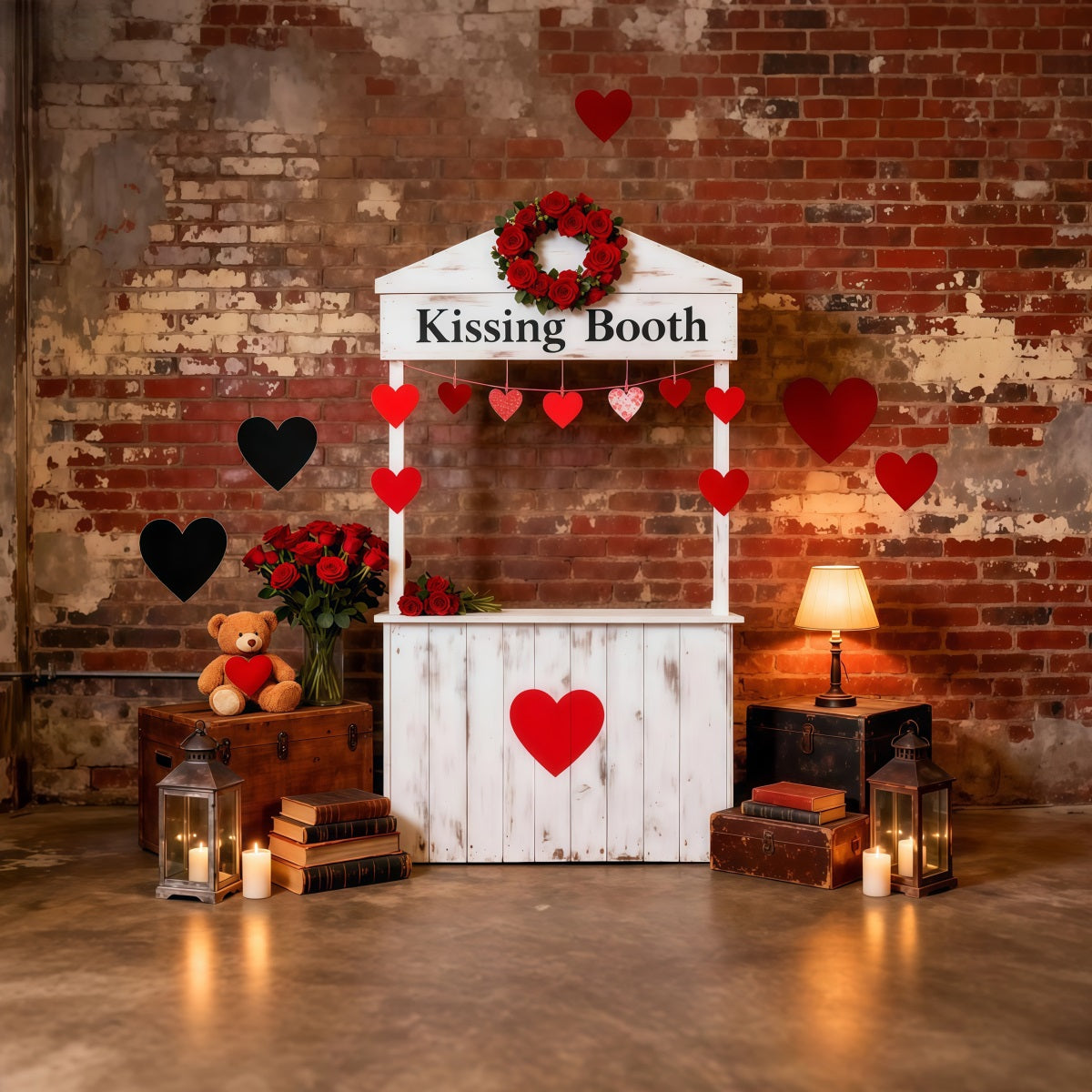 Heart Garland Backdrop Kissing Booth Brick Charm Valentine Photo Backdrop LXX512-156