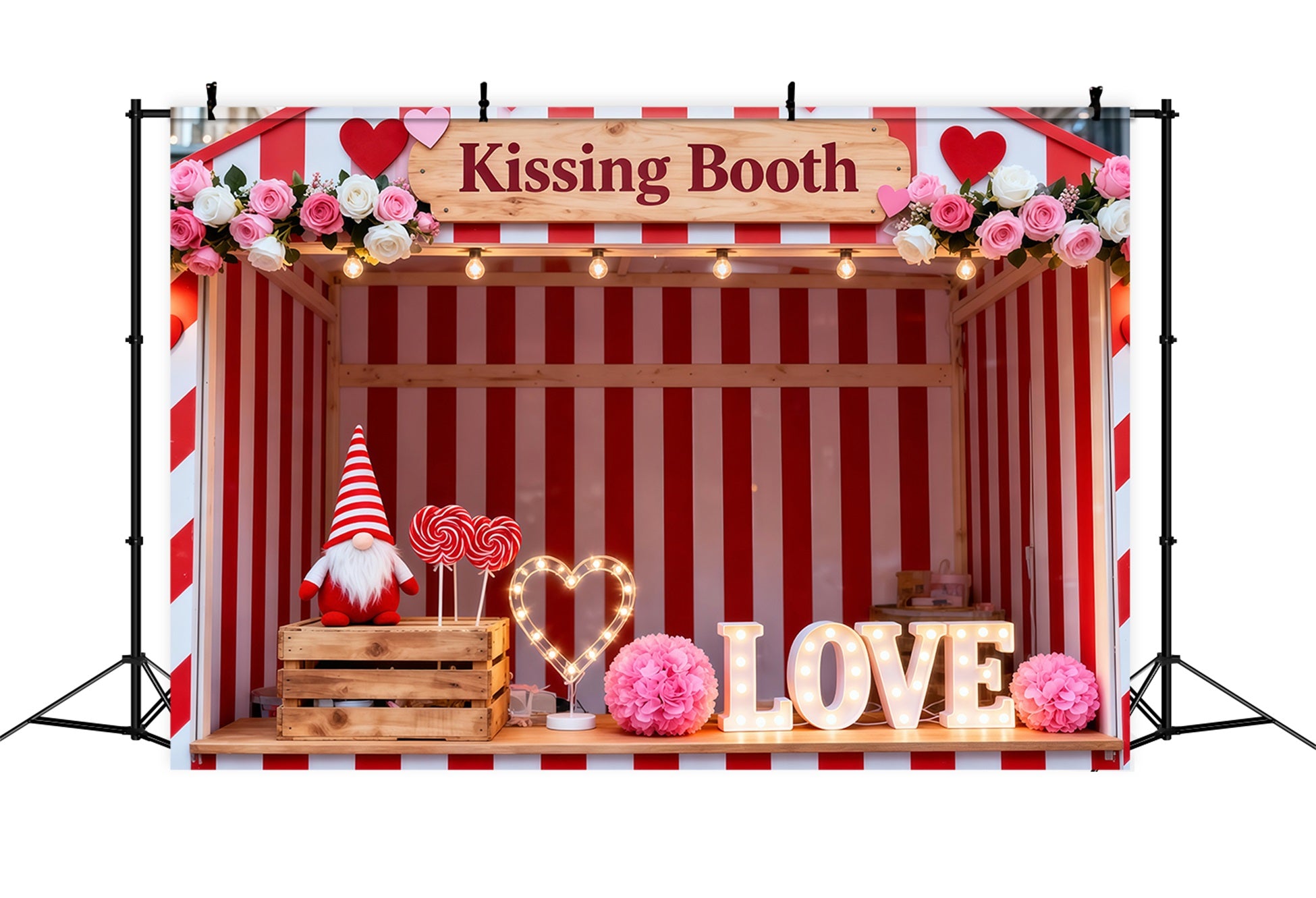 Valentine's Day Backdrop Candy Stripe Kissing Booth Love Love Backdrop LXX512-157
