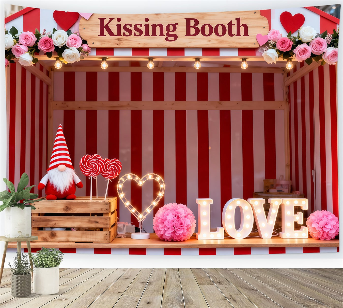 Valentine's Day Backdrop Candy Stripe Kissing Booth Love Love Backdrop LXX512-157