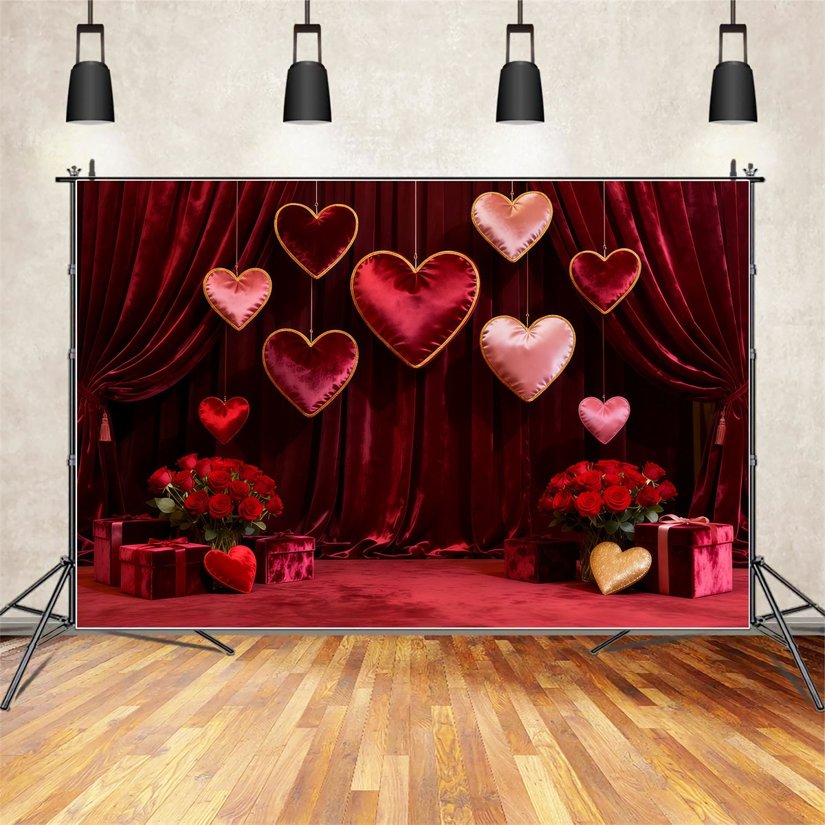Valentine Photo Backdrop Velvet Draped Hanging Hearts Red Rose Backdrop LXX512-161