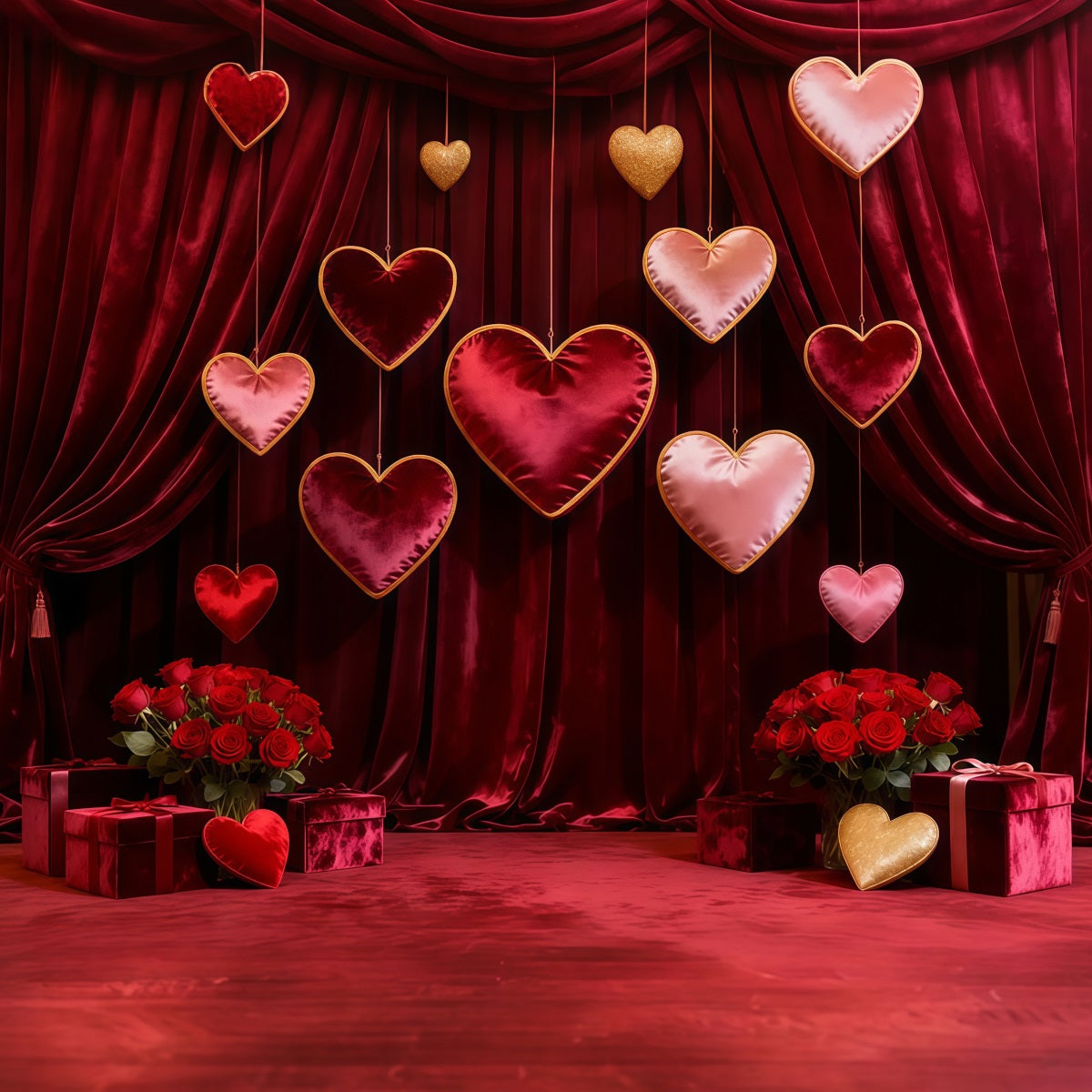 Valentine Photo Backdrop Velvet Draped Hanging Hearts Red Rose Backdrop LXX512-161