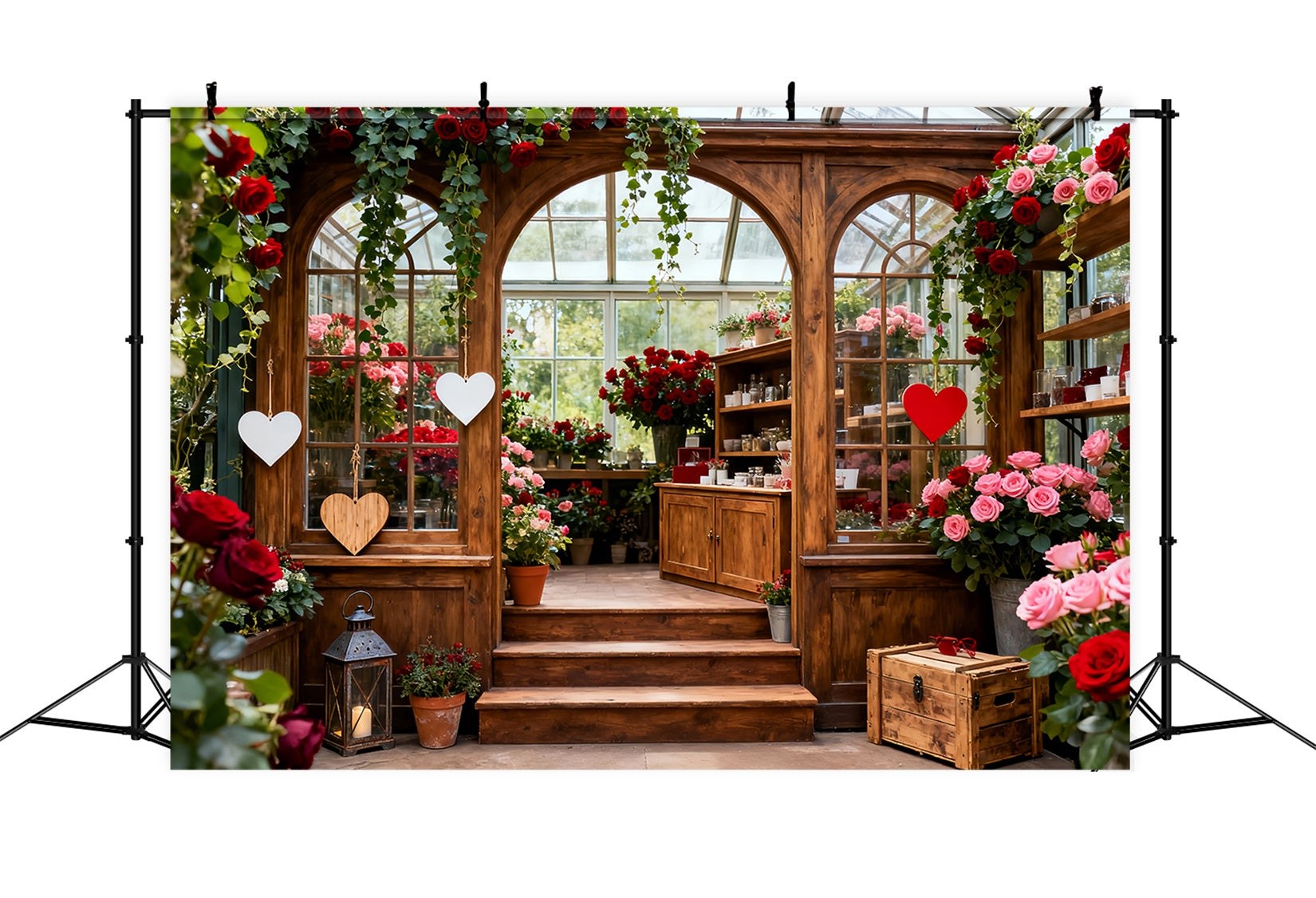 Rustic Farmhouse Valentine Backdrop Garden Glasshouse Romance Red Rose Backdrop LXX512-163