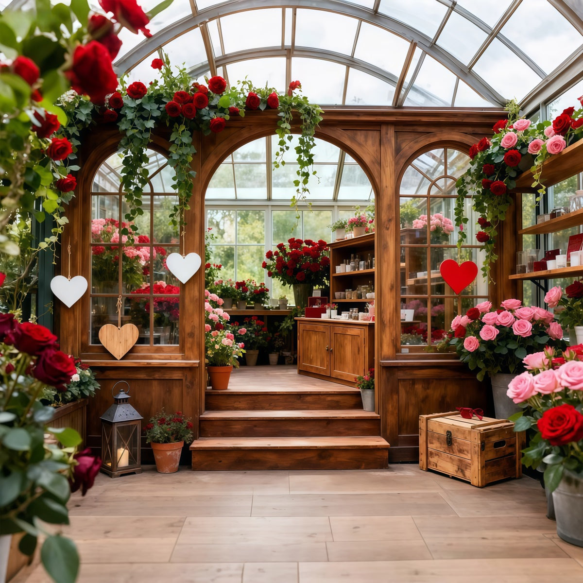 Rustic Farmhouse Valentine Backdrop Garden Glasshouse Romance Red Rose Backdrop LXX512-163