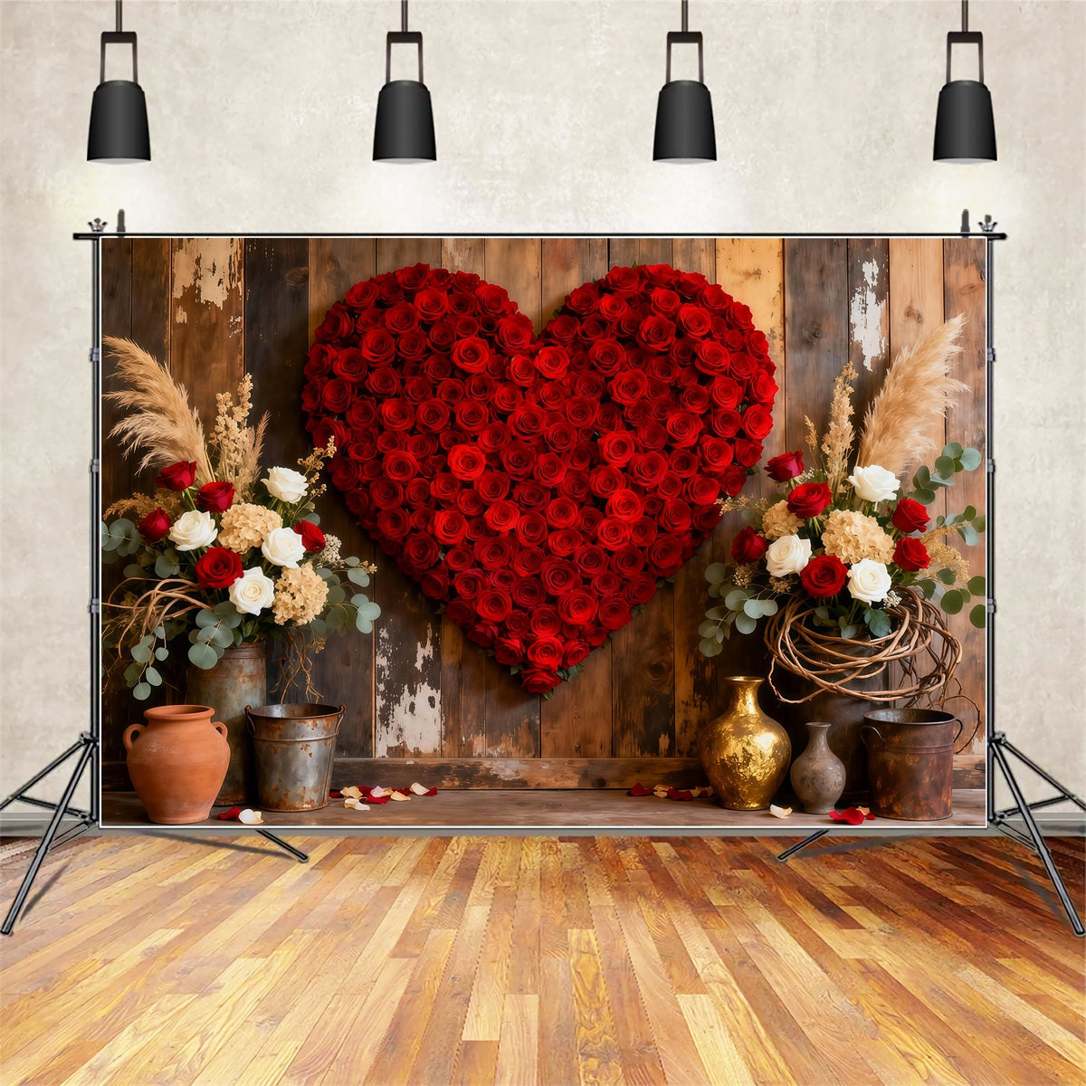 Heart Flower Backdrop Wood Doorway Red Rose Valentine's Day Backdrop LXX512-165