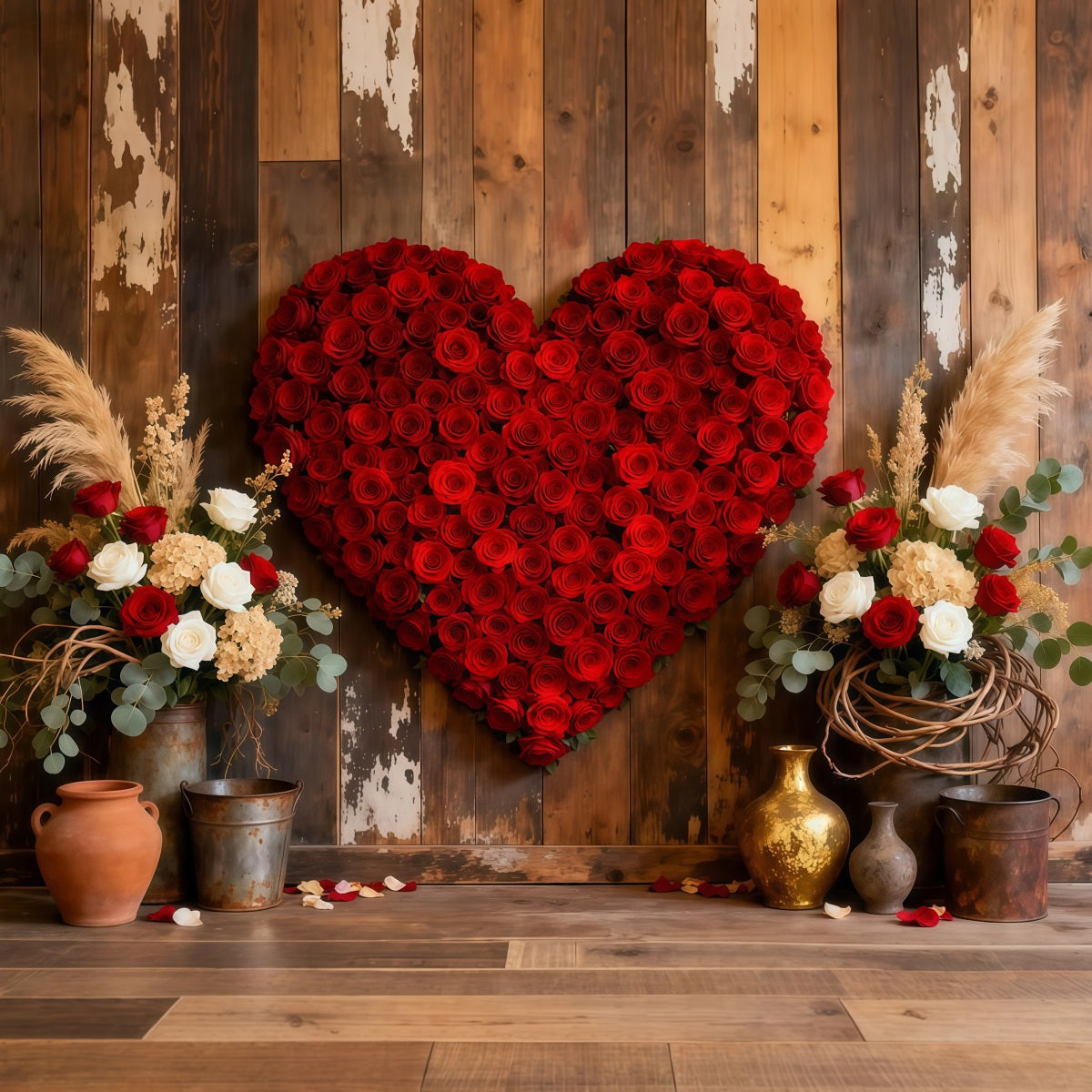 Heart Flower Backdrop Wood Doorway Red Rose Valentine's Day Backdrop LXX512-165