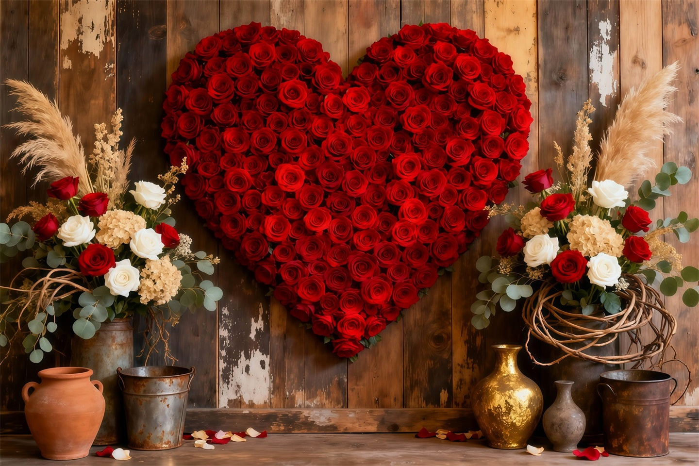 Heart Flower Backdrop Wood Doorway Red Rose Valentine's Day Backdrop LXX512-165