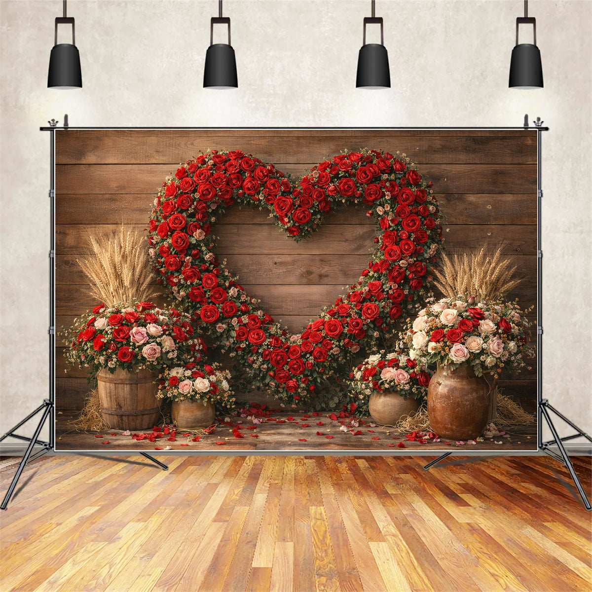 Valentine's Day Backdrop Rustic Rose Heart Barn Wall Heart Flower Backdrop LXX512-166