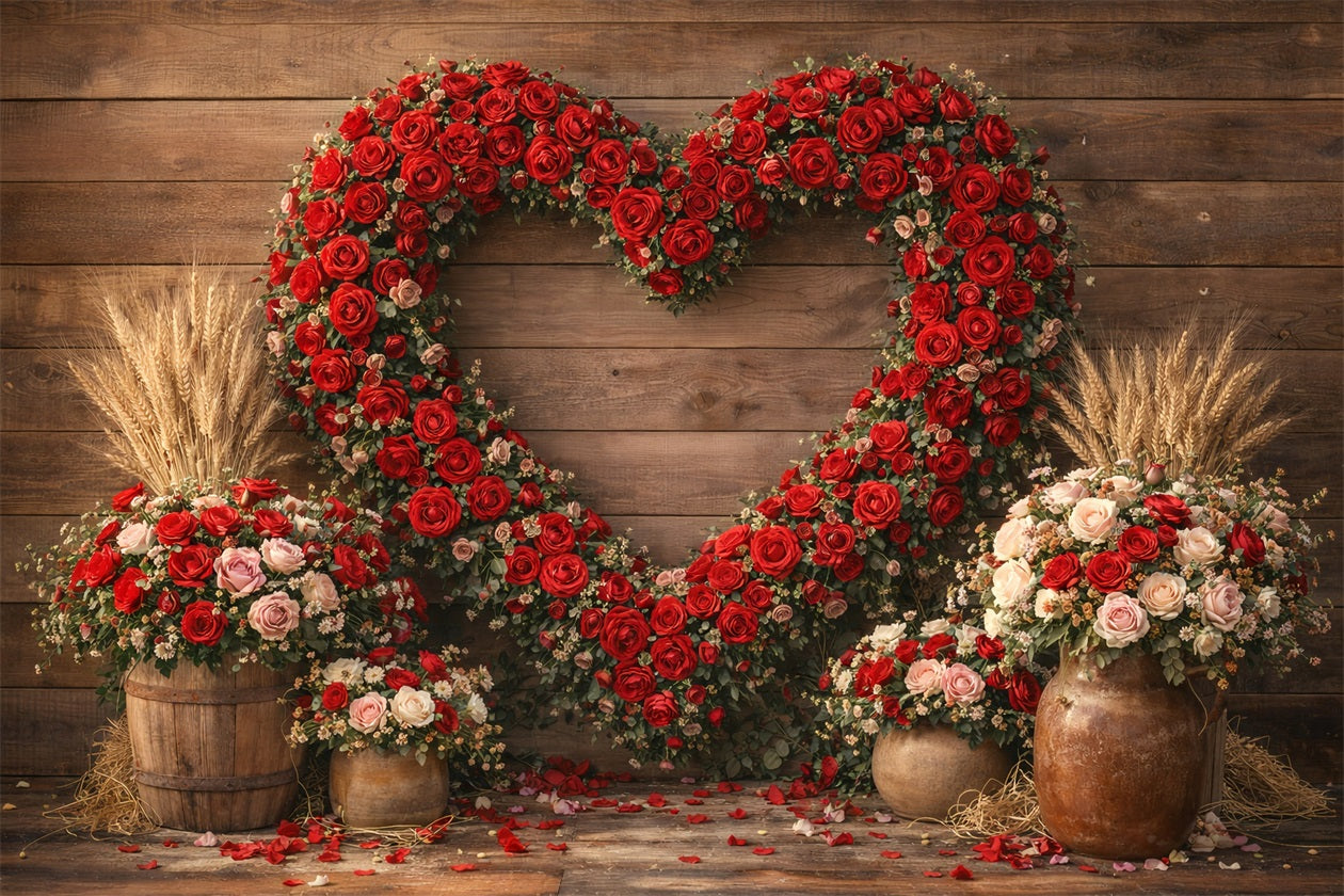 Valentine's Day Backdrop Rustic Rose Heart Barn Wall Heart Flower Backdrop LXX512-166