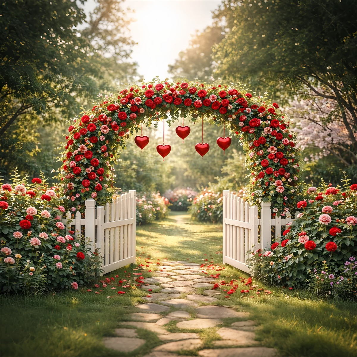 Romantic Backdrop Garden Rose Heart Gate Floral Arch Valentine Backdrop LXX512-170