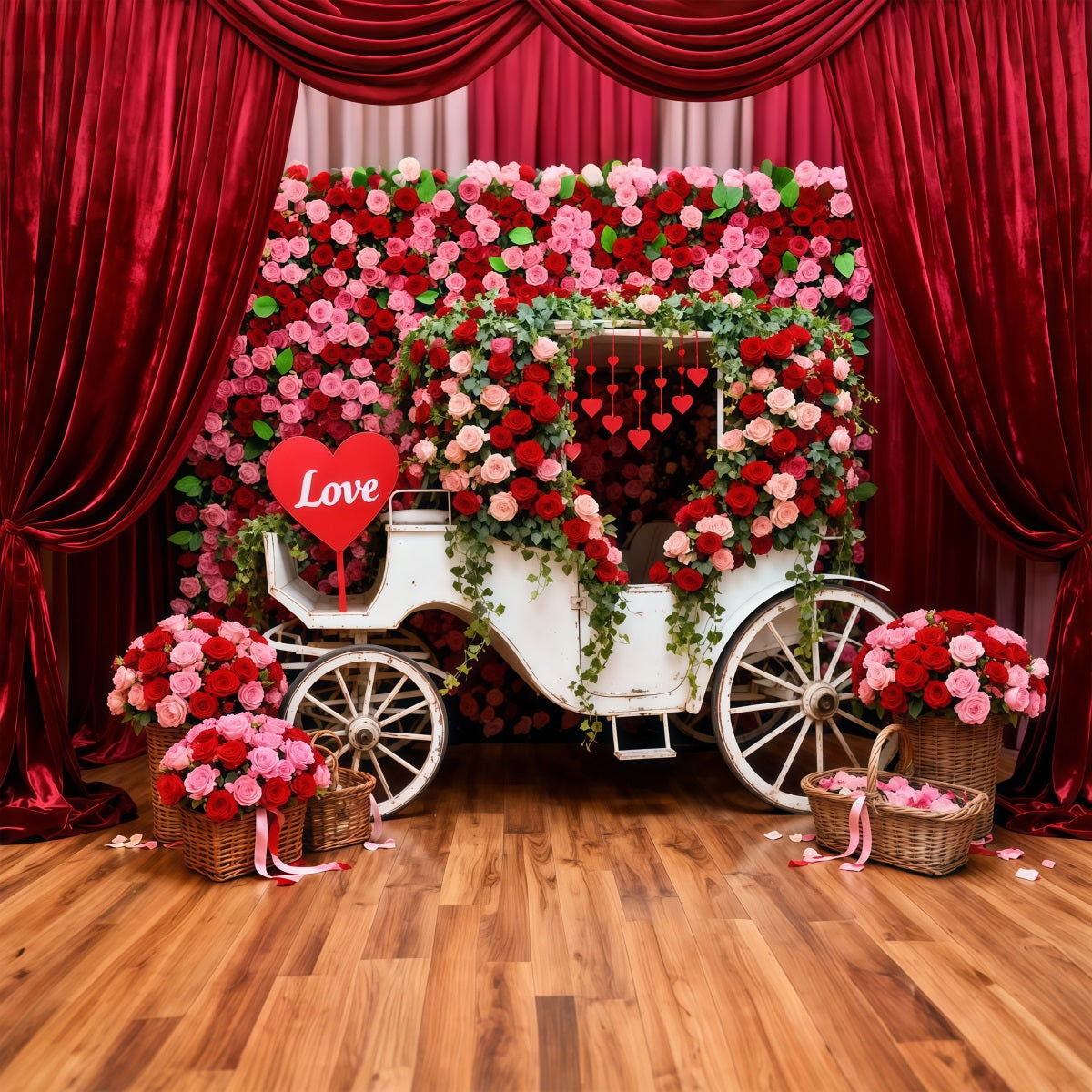 Red Roses Backdrop Romantic Floral Carriage Valentine's Day Backdrops LXX512-173