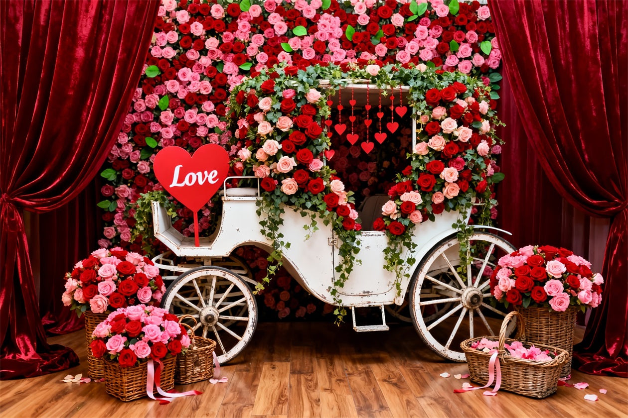 Red Roses Backdrop Romantic Floral Carriage Valentine's Day Backdrops LXX512-173
