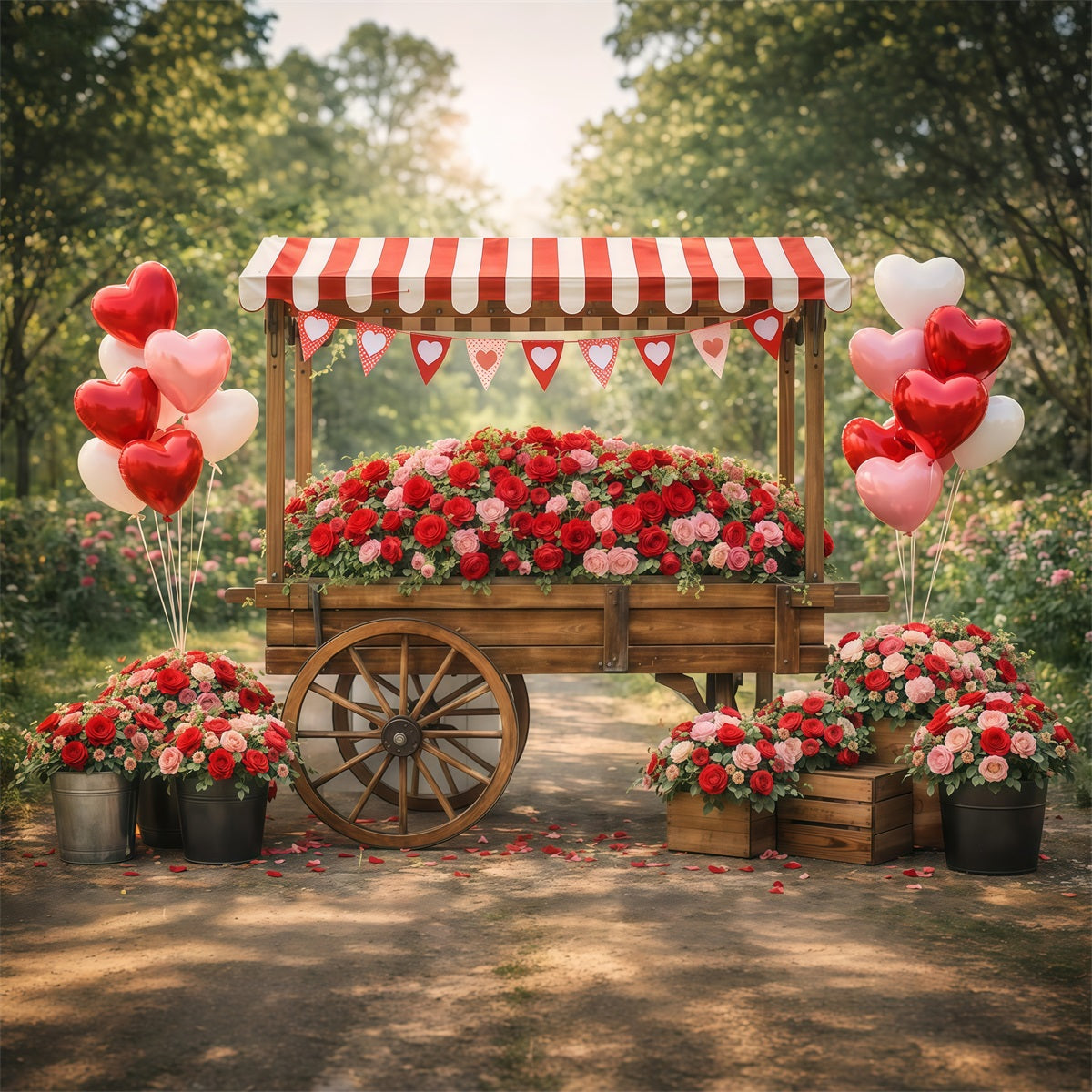 Heart Balloon Backdrop Rustic Rose Cart Hearts Valentine Backdrop Ideas LXX512-174