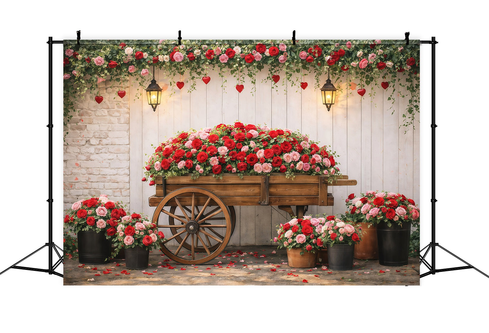 Red Roses Backdrop Garden Flower Wagon Romance Valentine's Day Backdrops LXX512-177