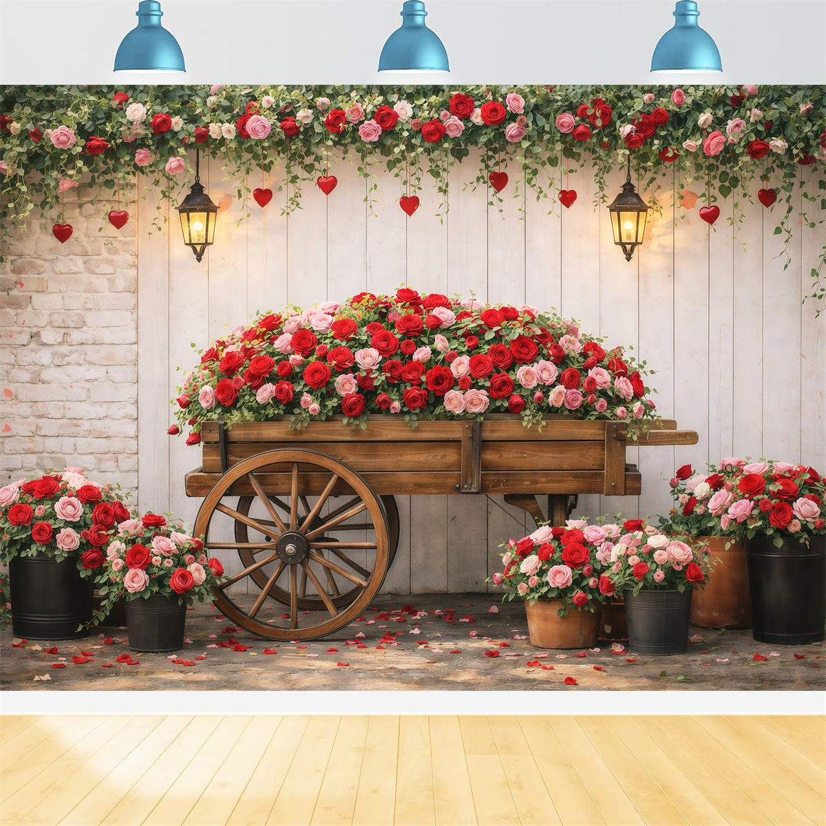 Red Roses Backdrop Garden Flower Wagon Romance Valentine's Day Backdrops LXX512-177
