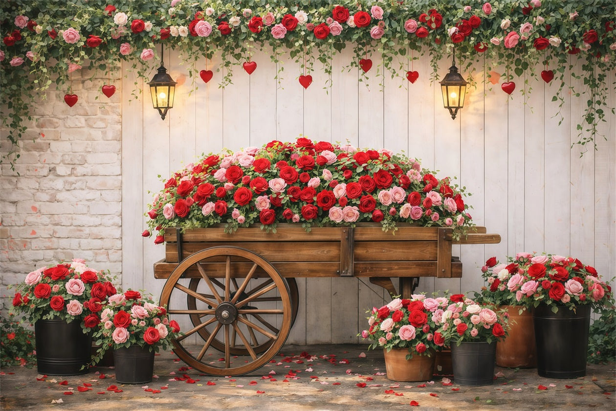 Red Roses Backdrop Garden Flower Wagon Romance Valentine's Day Backdrops LXX512-177