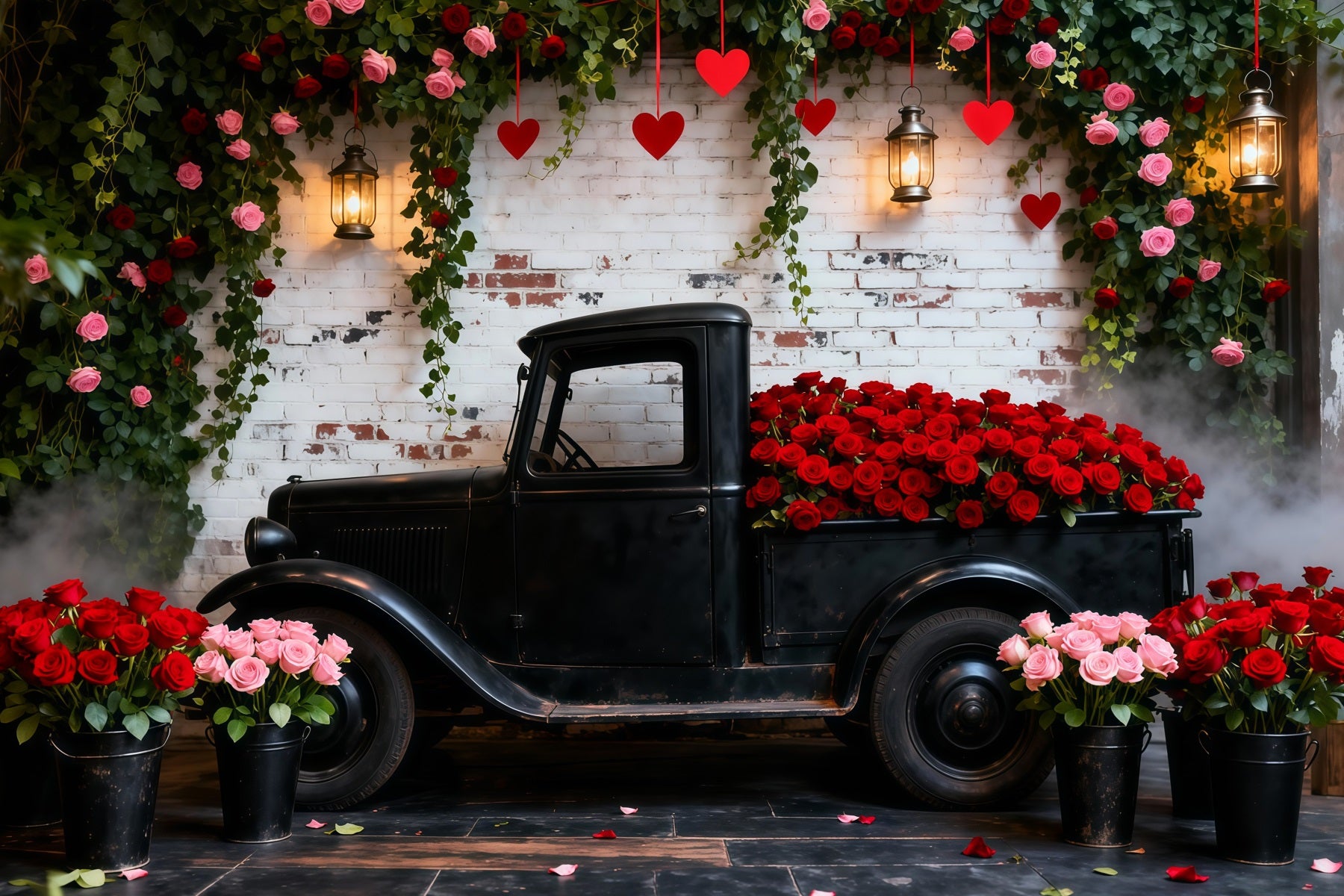 Valentine's Day Backdrops Vintage Red Rose Truck Romantic Backdrop LXX512-178