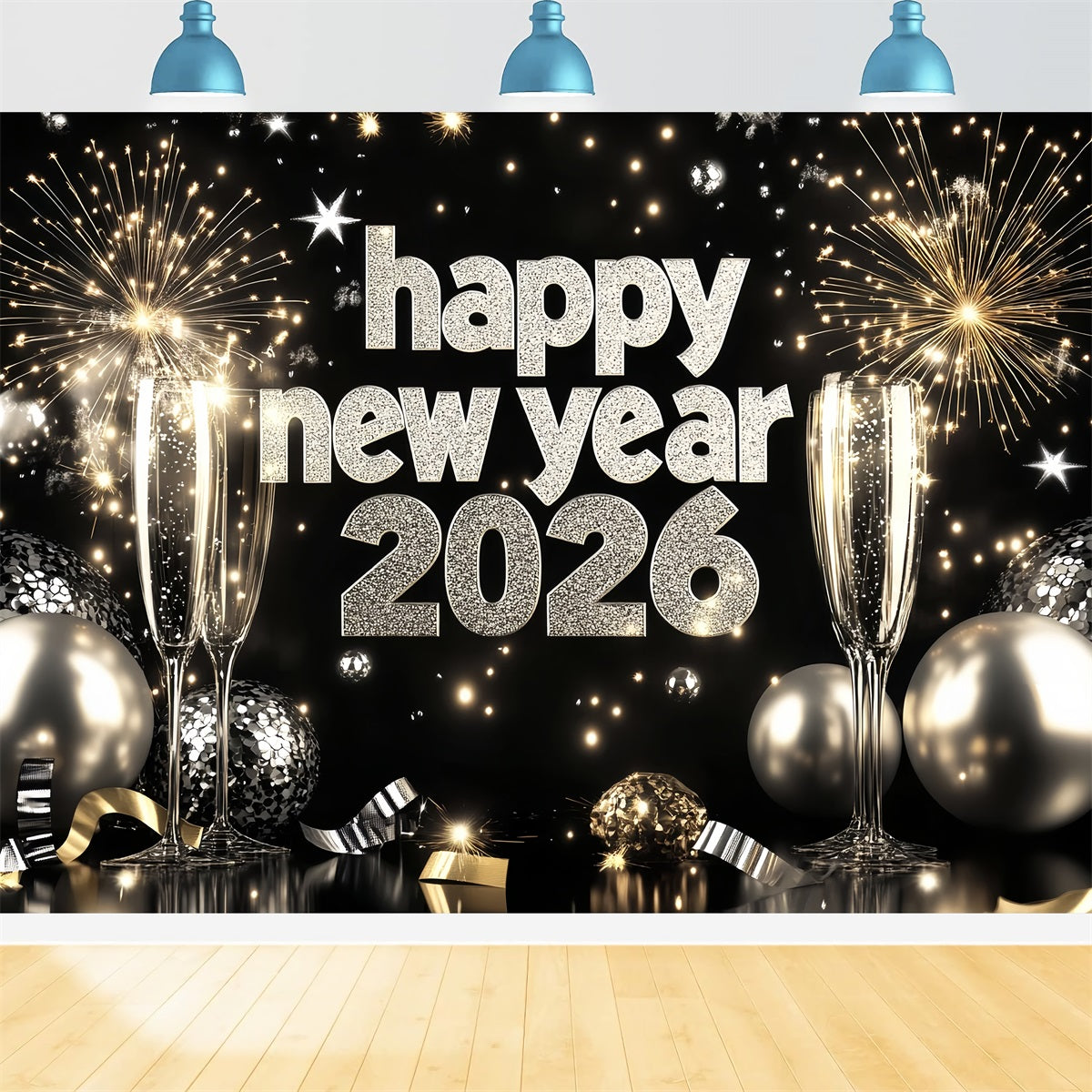 2026 New Year Backdrop Silver Champagne Firework Happy New Year Backdrop LXX512-19