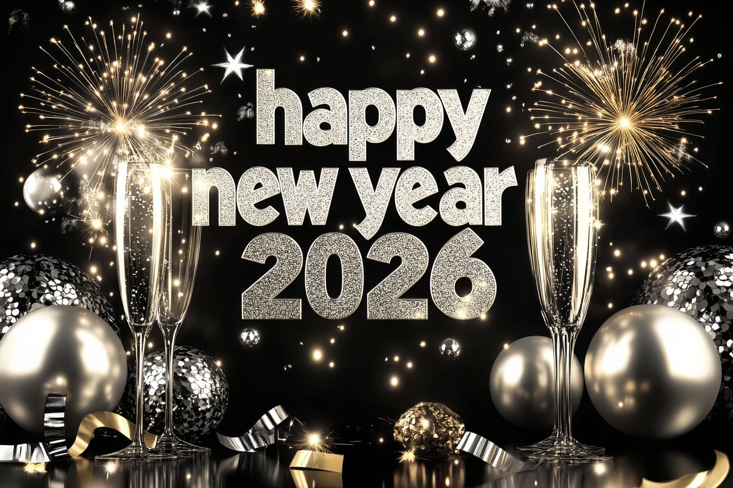 2026 New Year Backdrop Silver Champagne Firework Happy New Year Backdrop LXX512-19