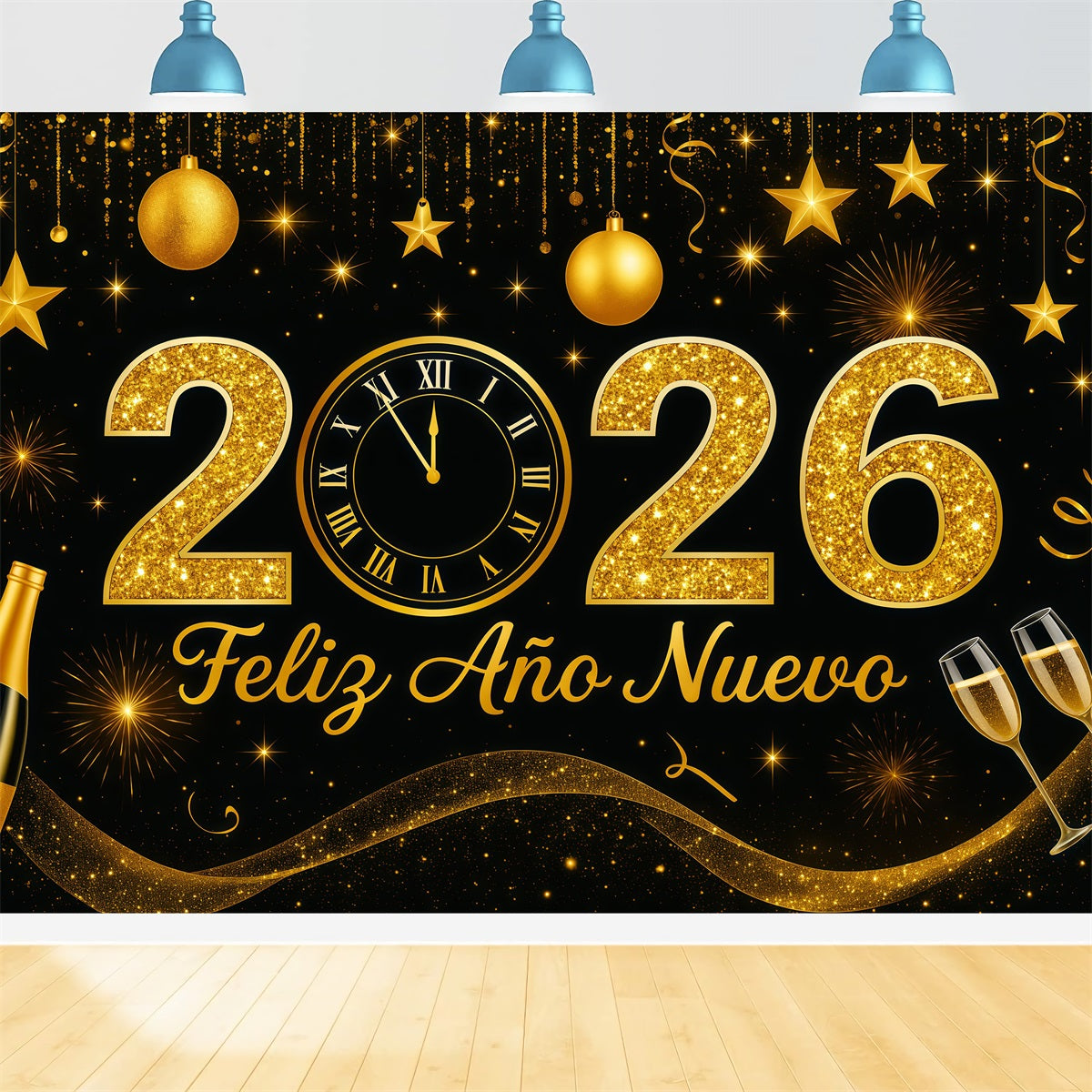 New Year's Backdrop Golden Glitter Countdown Champagne Sparkle Backdrop LXX512-20