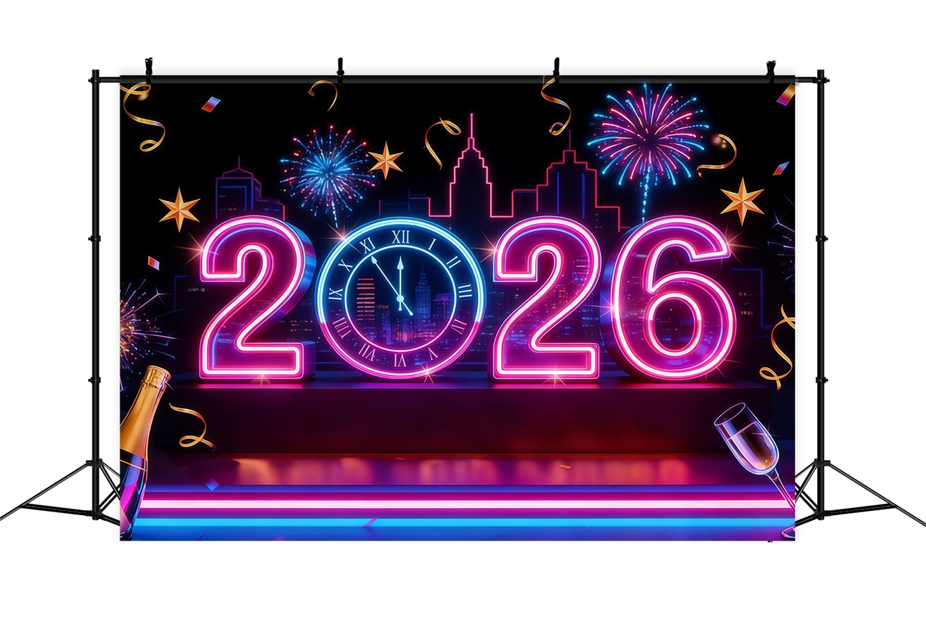 2026 New Year Backdrop Neon Lights Countdown City New Years Eve Backdrop LXX512-21