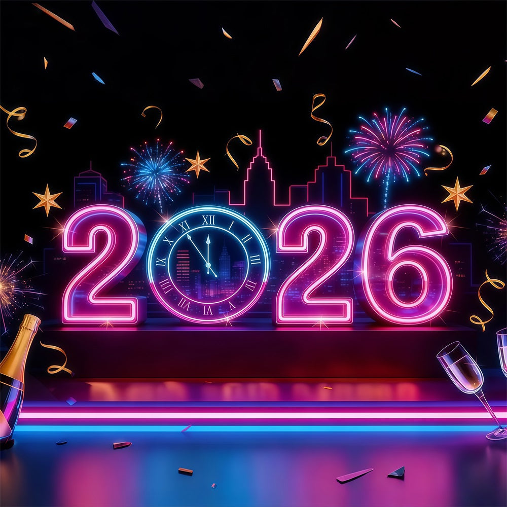 2026 New Year Backdrop Neon Lights Countdown City New Years Eve Backdrop LXX512-21