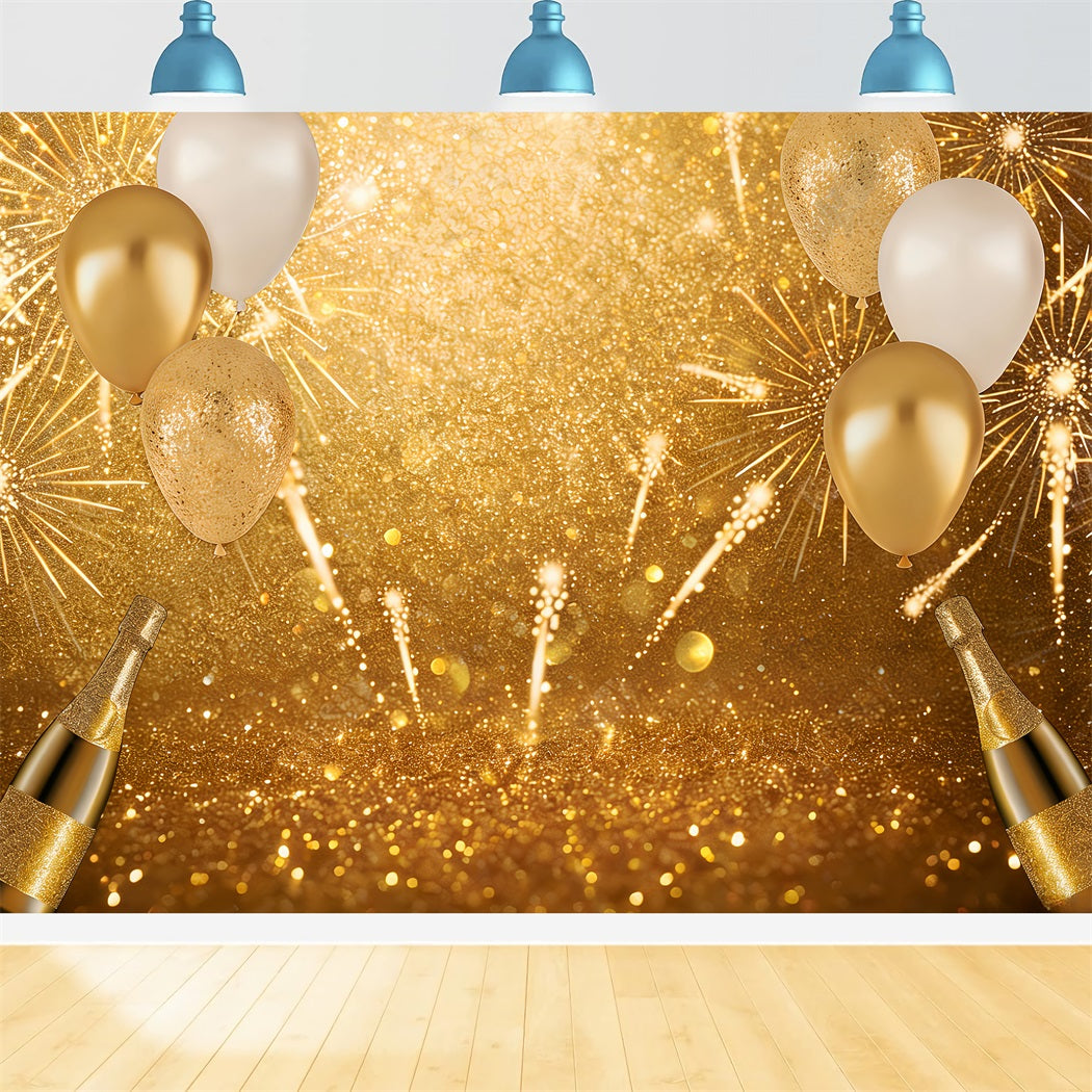 Happy New Year Backdrop Balloons Fireworks Glamour Gold Glitter Backdrop LXX512-24