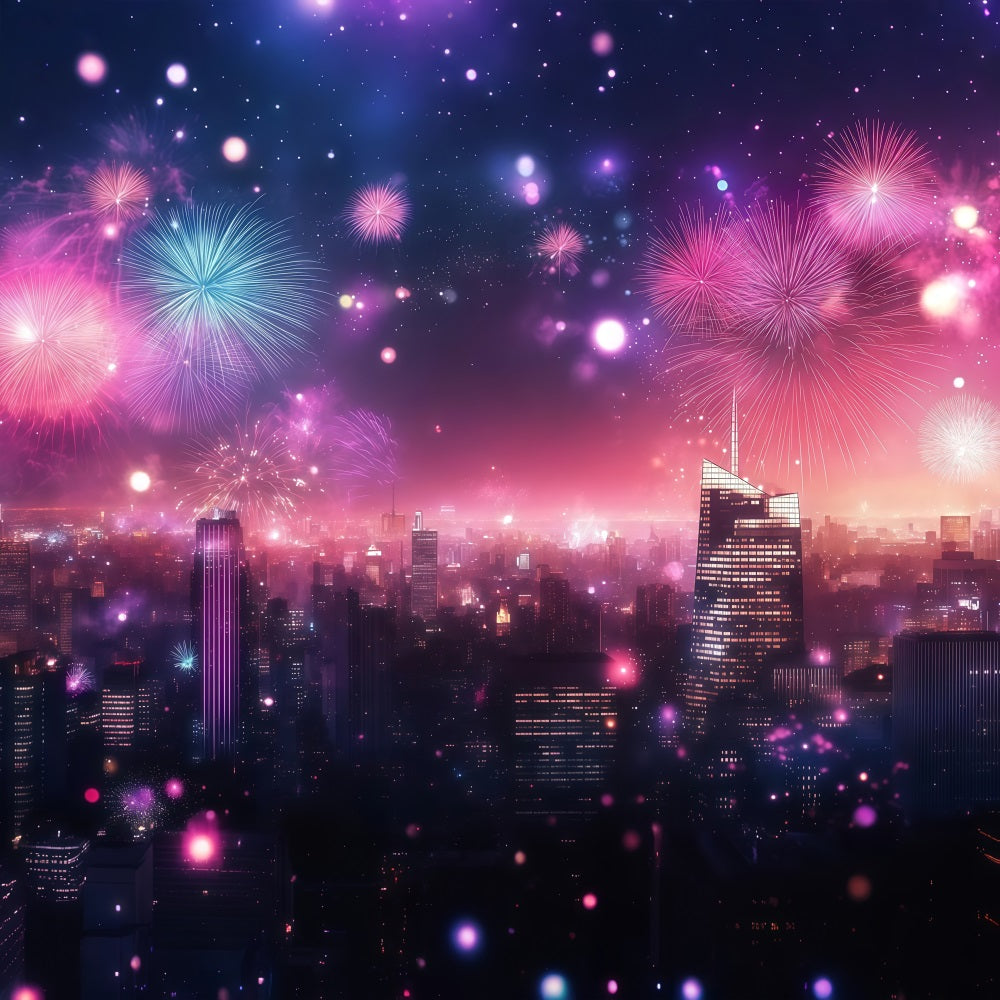 New Years Backdrops Pink Fireworks City Glow Cityscape Photo Backdrop LXX512-25