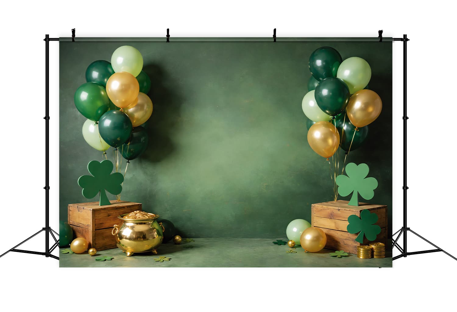 St Patrick's Day Backdrop Shamrock Balloons Gold Cauldron St Patrick Backdrop LXX512-26