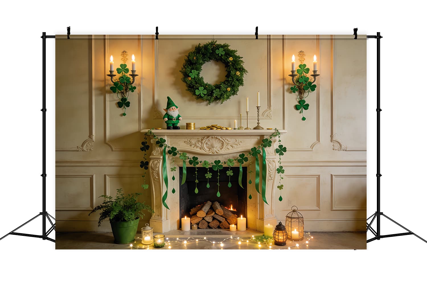 St Patrick Backdrop Emerald Fireplace Shamrock Garland St Patricks Day Backdrop LXX512-38