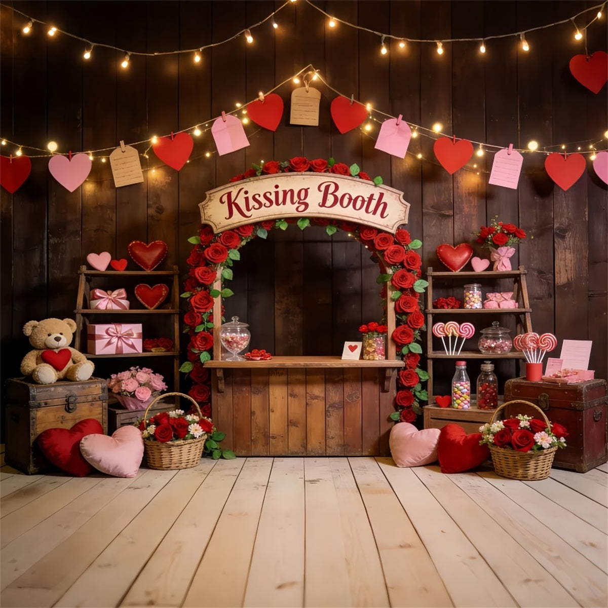 Heart Garland Backdrop Romantic Kissing Booth Roses Love Backdrops LXX512-47