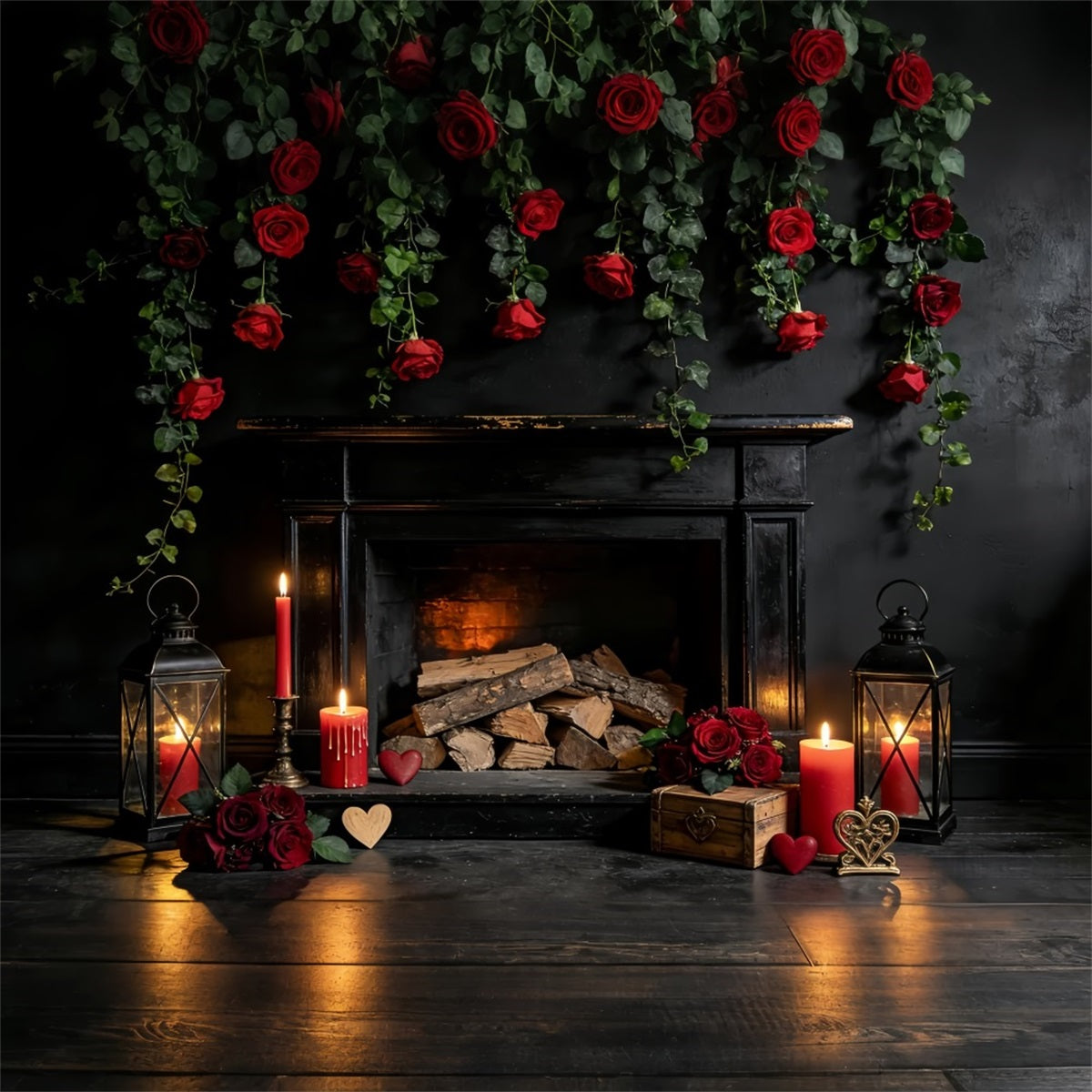 Valentine's Day Backdrop Red Roses Candle Room Fireplace Valentine Backdrop LXX512-48