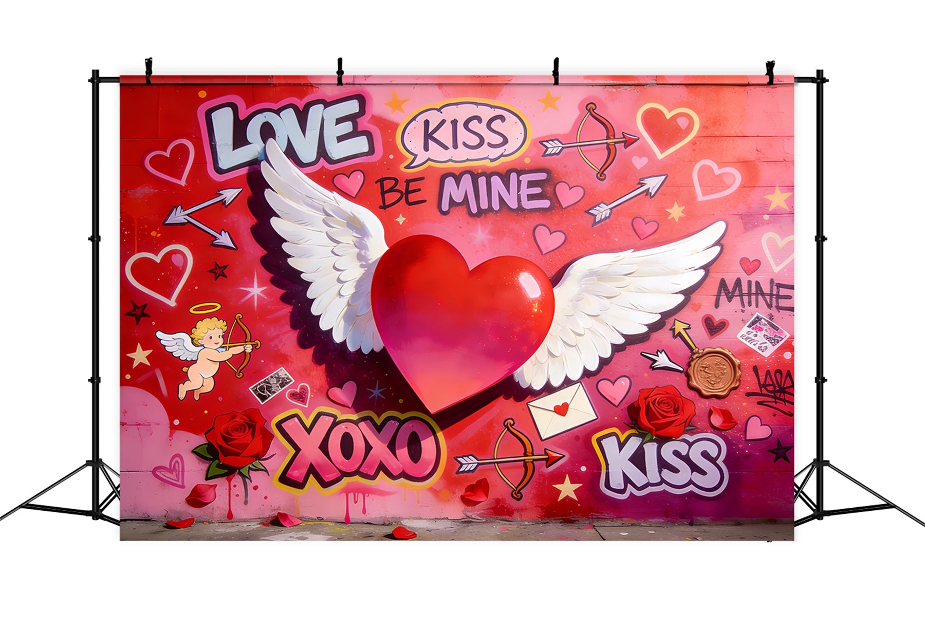 Cupid Backdrop Love XOXO Winged Heart Graffiti Wall Valentine Backdrop LXX512-50