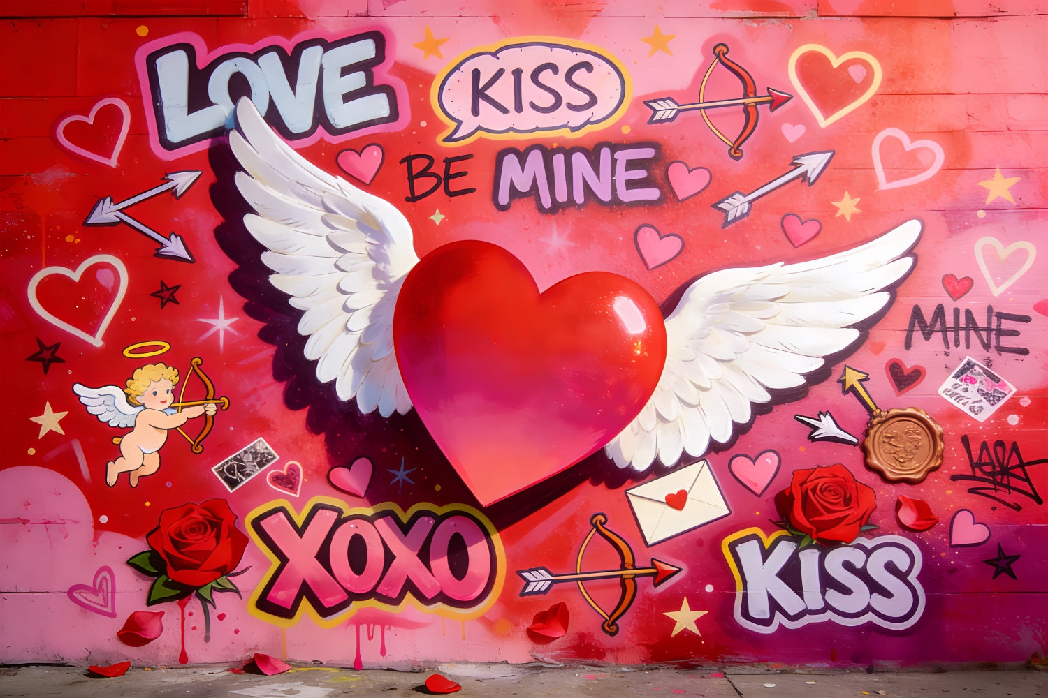 Cupid Backdrop Love XOXO Winged Heart Graffiti Wall Valentine Backdrop LXX512-50
