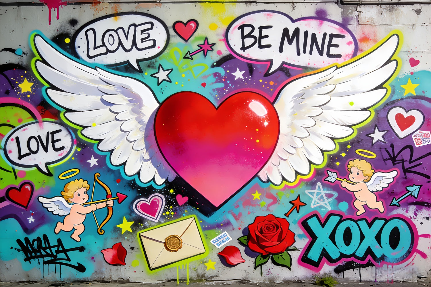 XOXO Backdrop Graffiti Love Winged Heart Cupid Backdrop LXX512-51