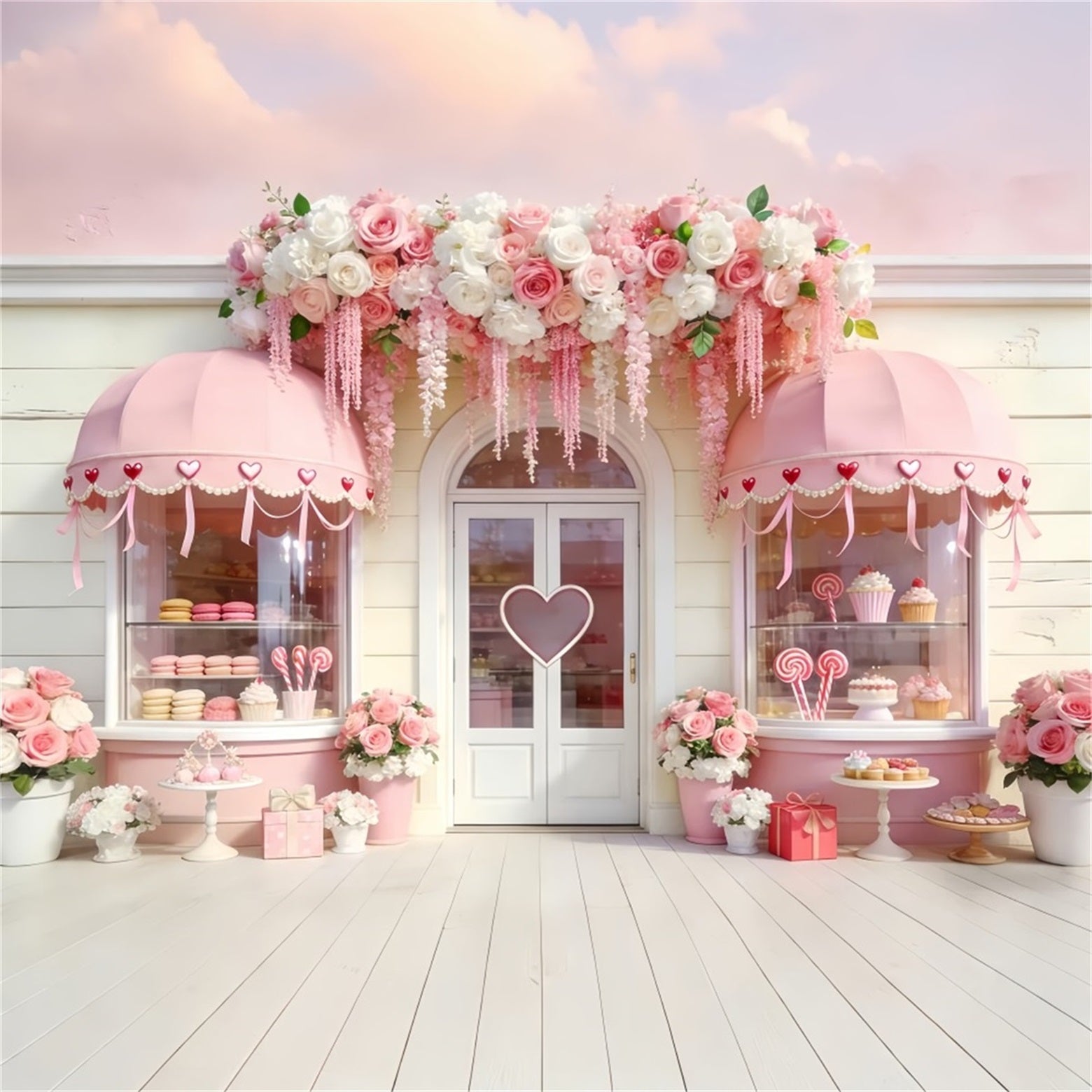 Candy Shop Valentine Backdrop Floral Arches Heart Pink Valentine Backdrop LXX512-52