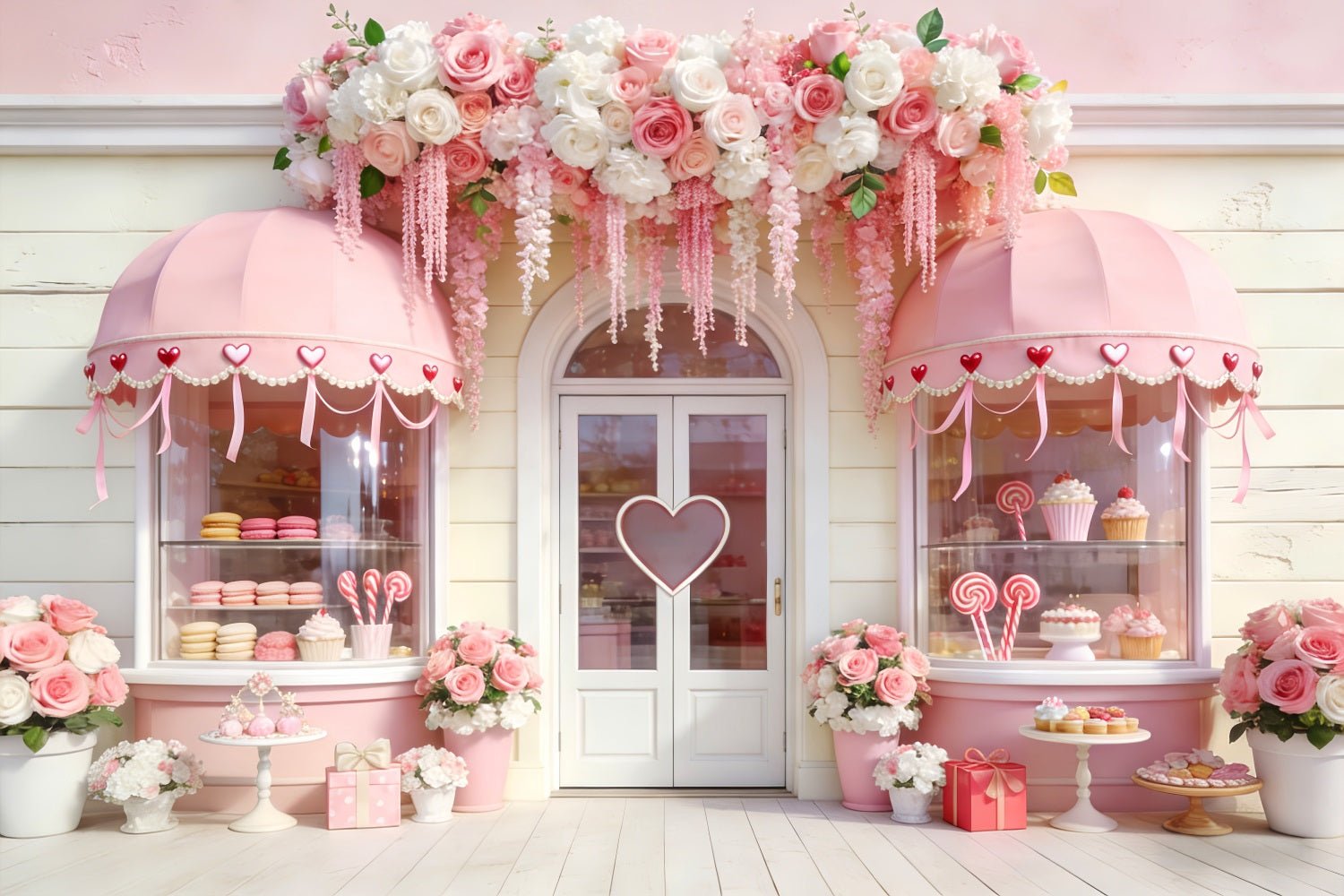 Candy Shop Valentine Backdrop Floral Arches Heart Pink Valentine Backdrop LXX512-52