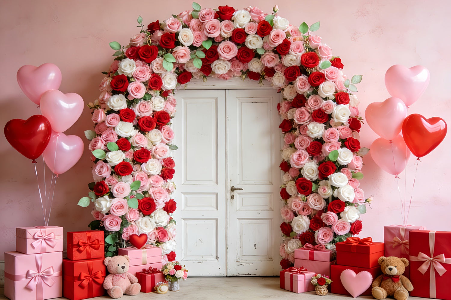 Floral Arch Valentine Backdrop Rose Door Wreath Gifts Heart Balloon Backdrop LXX512-53