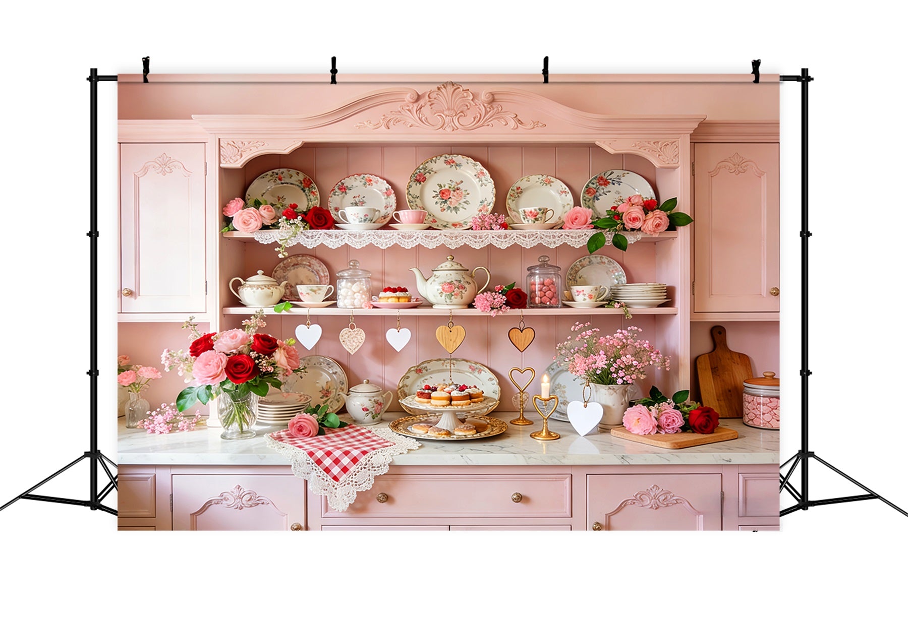 Pink Valentine Backdrop Vintage Kitchen Tea Cabinet Romantic Backdrop LXX512-55