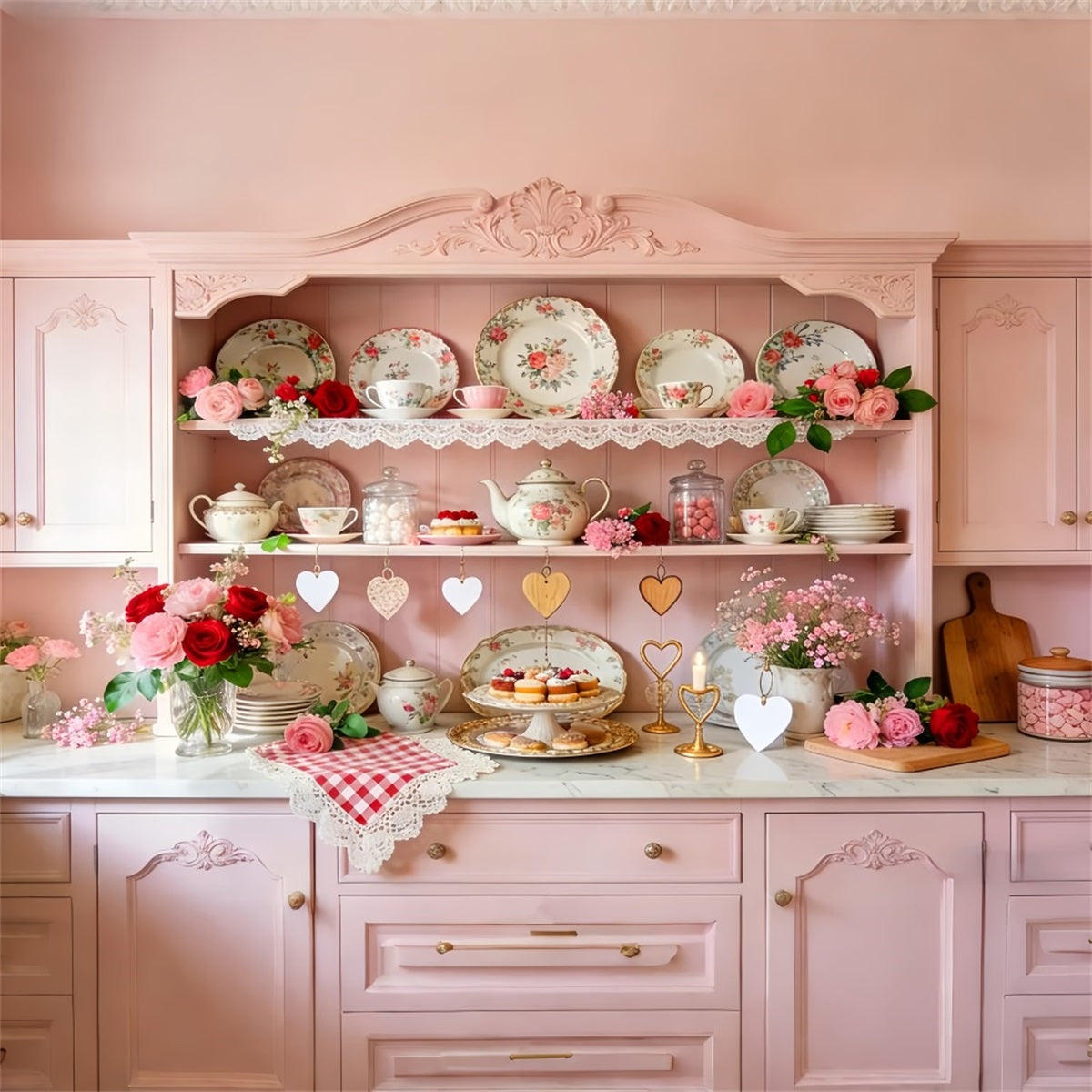 Pink Valentine Backdrop Vintage Kitchen Tea Cabinet Romantic Backdrop LXX512-55