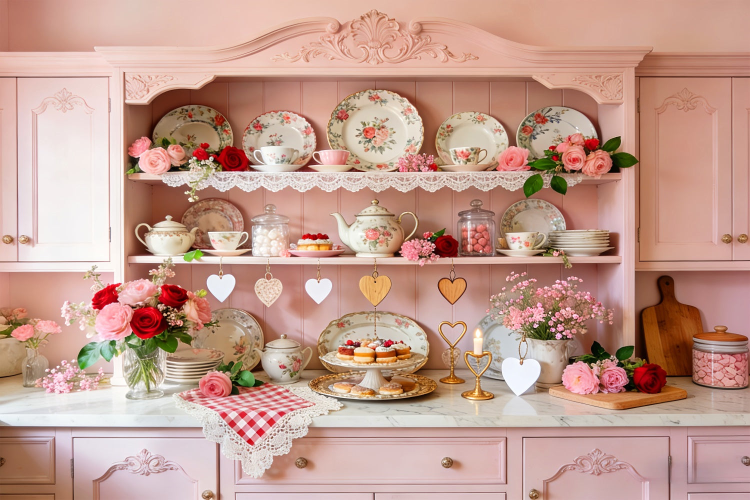 Pink Valentine Backdrop Vintage Kitchen Tea Cabinet Romantic Backdrop LXX512-55