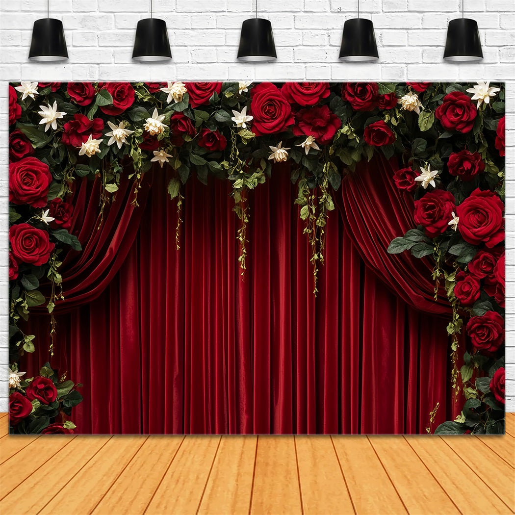 Red Roses Backdrop Crimson Velvet Curtain Elegance Valentine's Day Backdrop LXX512-56
