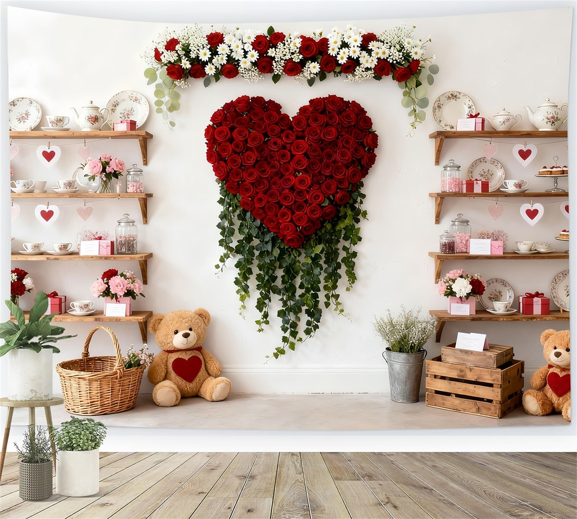 Valentine Backdrop Teddy Bears Tea Cabinet Red Rose Heart Backdrop LXX512-58